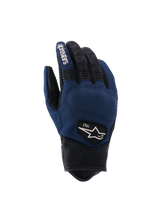 Alpinestars Tracker Handschuhe, Motorradhandschuhe, Blau und Schwarz, Texturierte Handfläche, Perforierte Finger, Weißes Logo, 1963-Aufdruck, Verstärkte Knöchel, Stoff- und Kunstledermix
