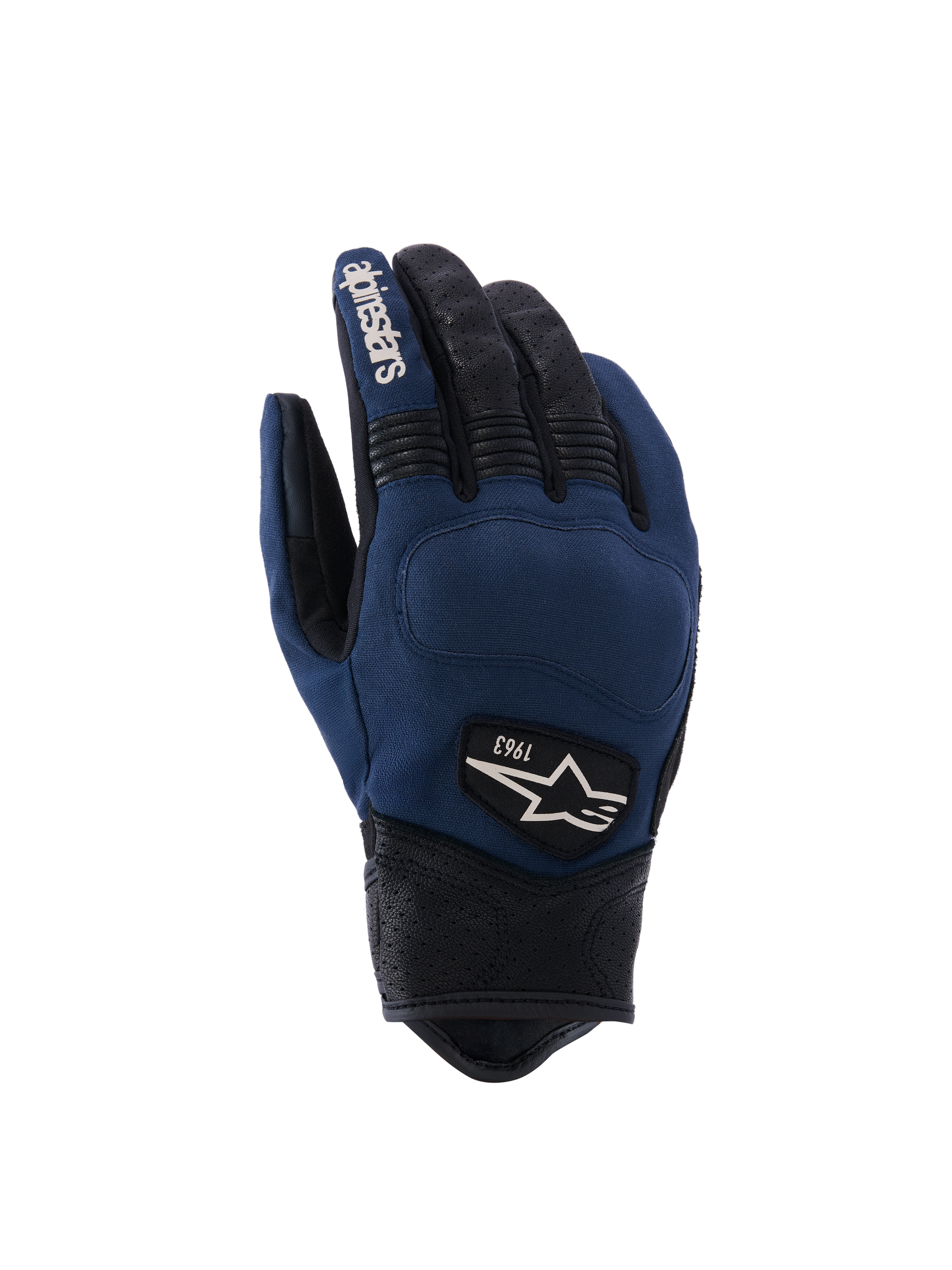 Alpinestars Tracker Handschuhe, Motorradhandschuhe, Blau und Schwarz, Texturierte Handfläche, Perforierte Finger, Weißes Logo, 1963-Aufdruck, Verstärkte Knöchel, Stoff- und Kunstledermix