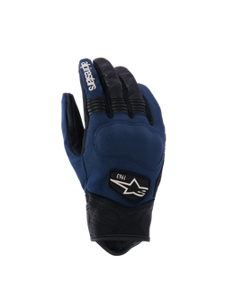 Alpinestars Tracker handschoenen, Urban motorhandschoenen, donkerblauw en zwart, textiel handrug met geperforeerde leren vingers en manchet, stretch accordeon inzetstukken, heritage 1963 logo patch, op werkkleding geïnspireerde stijl