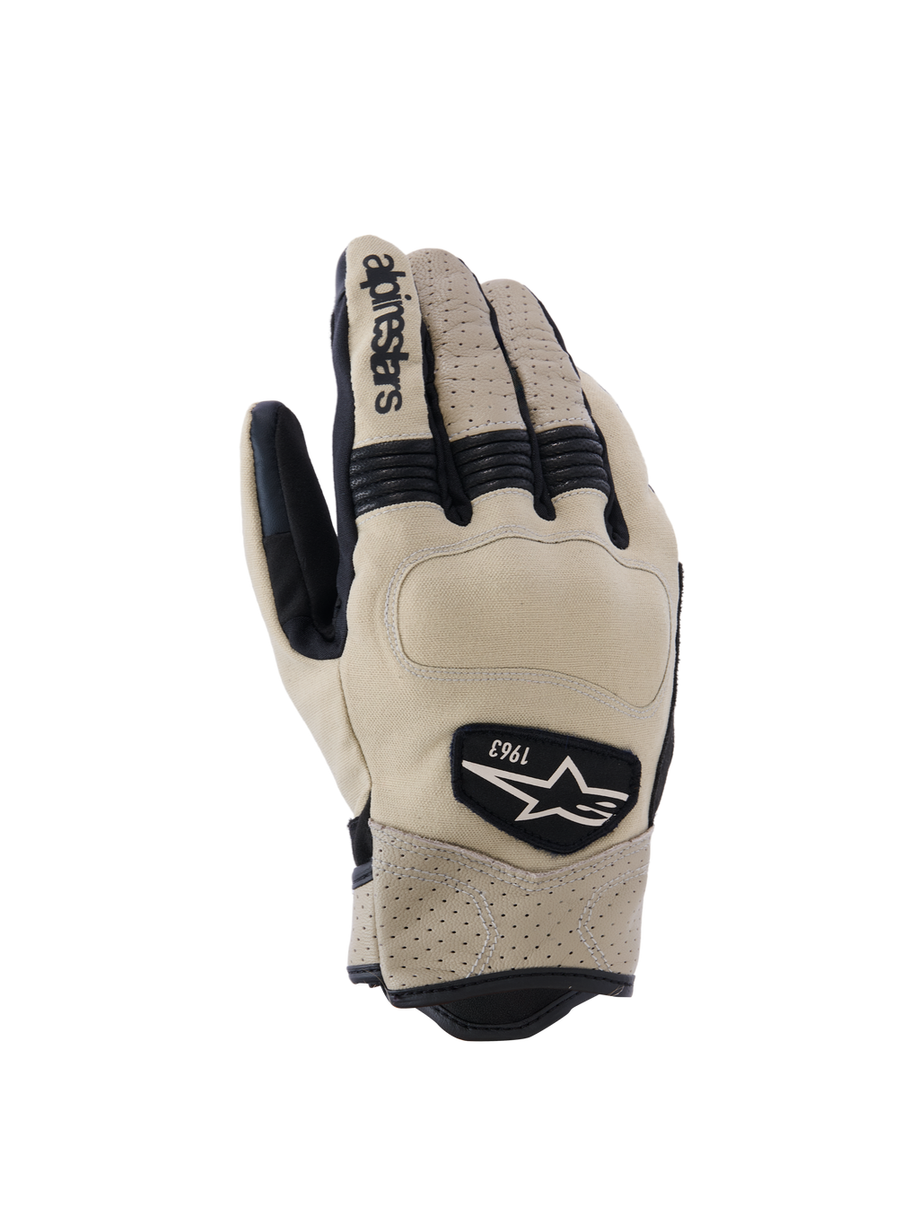 Gants Alpinestars Tracker, gants de moto, beige et noir, avec cuir perforé, inserts accordéon extensibles noirs et écusson logo héritage 1963, style workwear urbain