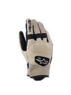Gants Alpinestars Tracker, gants de moto, beige et noir, avec cuir perforé, inserts accordéon extensibles noirs et écusson logo héritage 1963, style workwear urbain