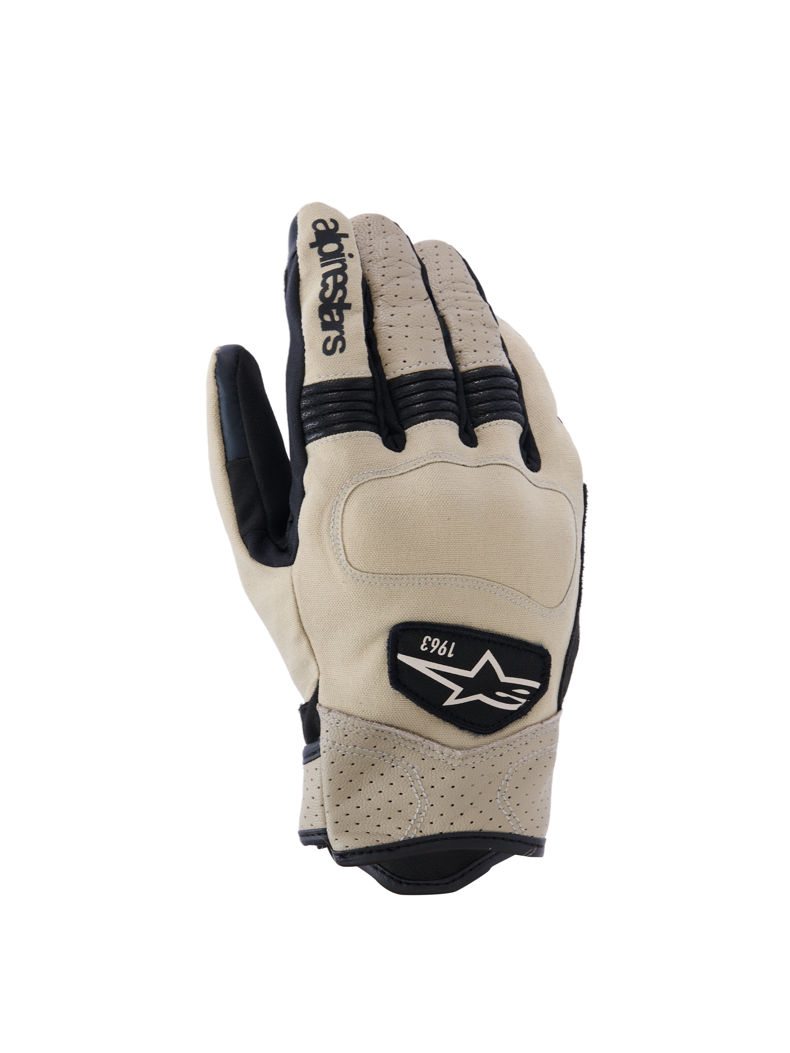 Alpinestars Tracker Handschuhe, Motorradhandschuhe, Beige und Schwarz, mit perforiertem Leder, schwarzen Akkordeon-Stretcheinsätzen und 1963 Heritage-Logo-Patch, urbaner Workwear-Stil