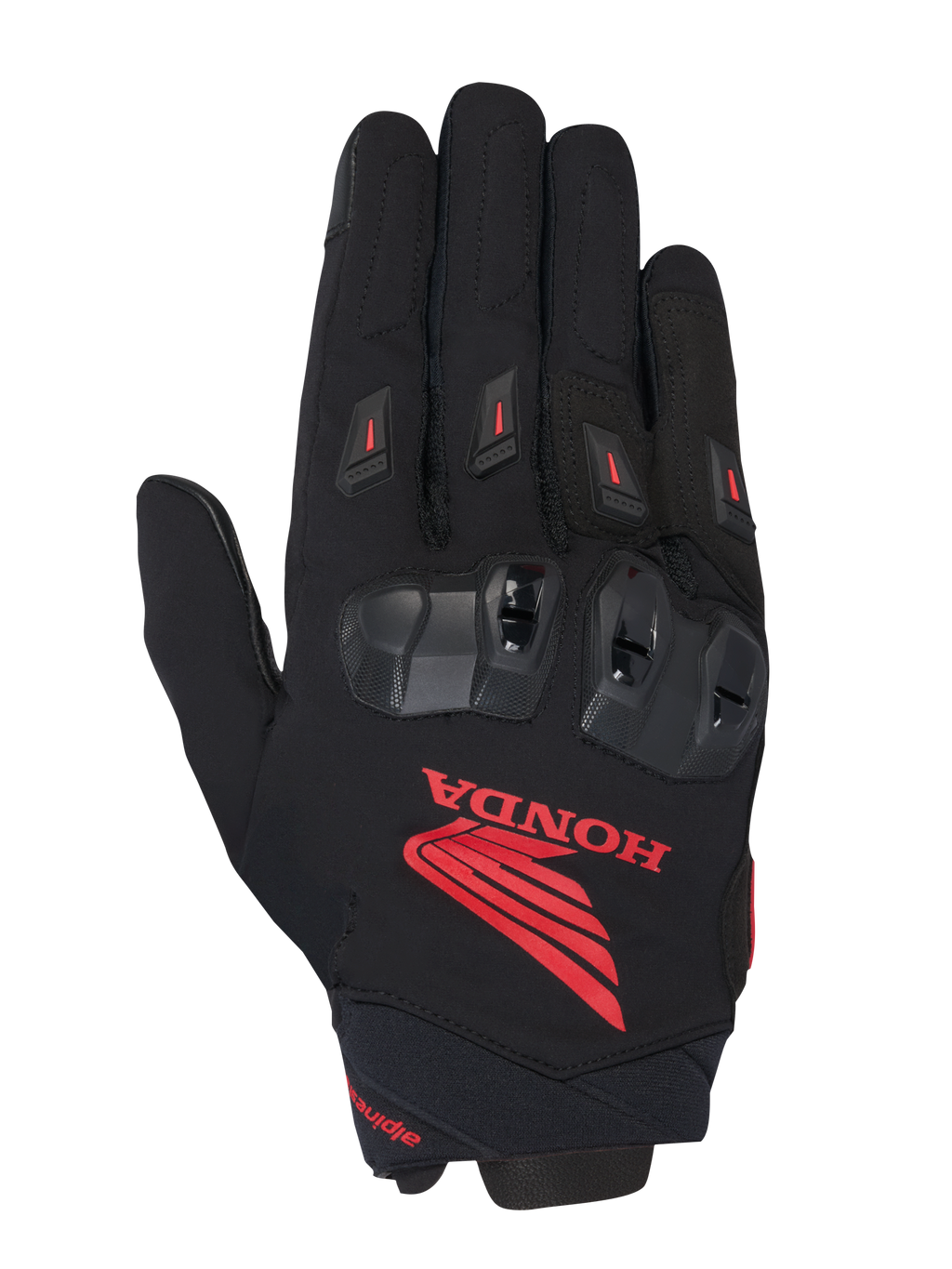 Alpinestars Honda SP X 3 handschoen, sportieve motorhandschoen, zwart met opvallend rood Honda-logo, zwarte TPU-knokkelbeschermers, rode vinger-sliders, constructie van technisch textiel en leer