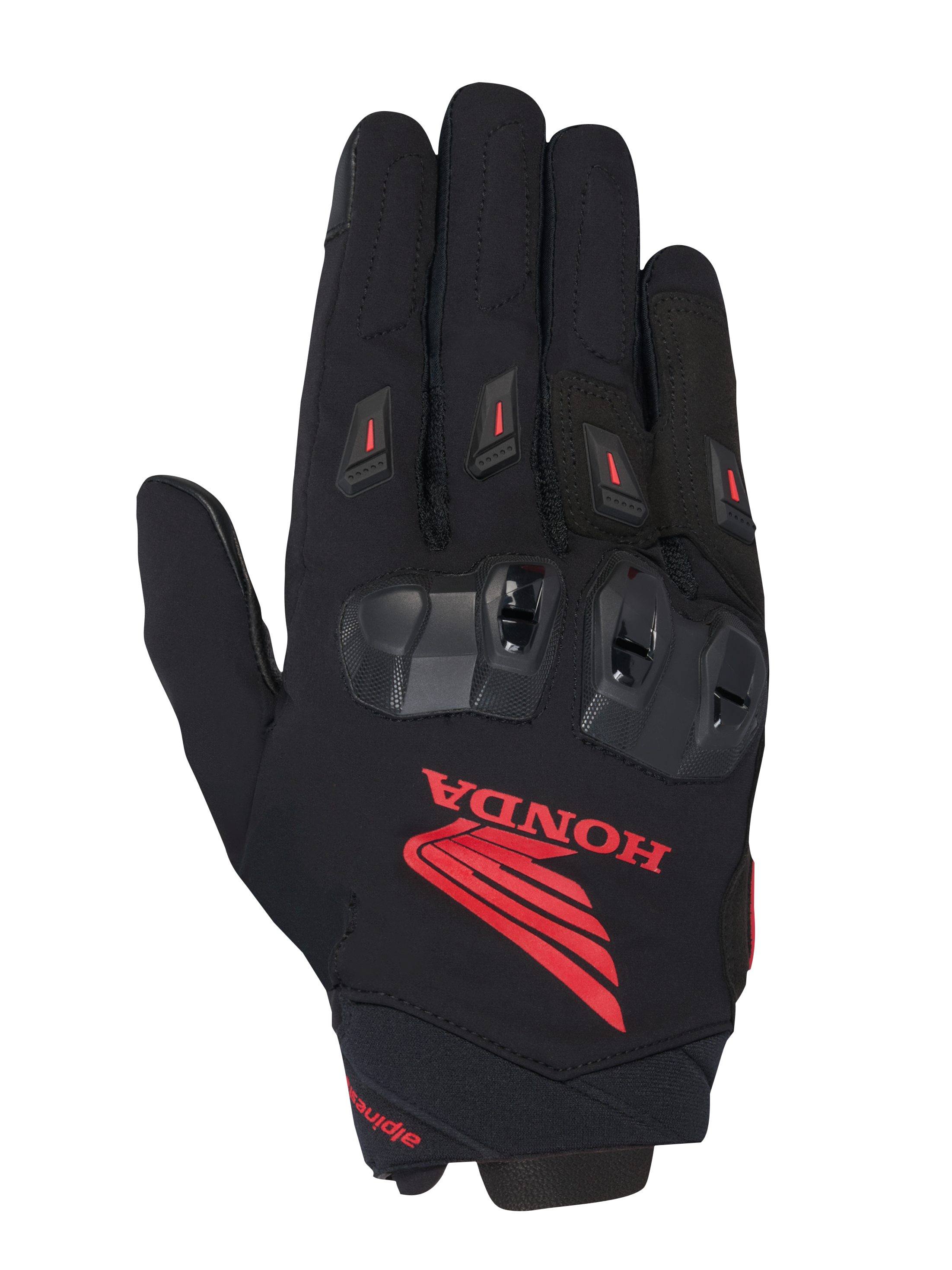 Alpinestars Honda SP X 3 handschoen, sportieve motorhandschoen, zwart met opvallend rood Honda-logo, zwarte TPU-knokkelbeschermers, rode vinger-sliders, constructie van technisch textiel en leer