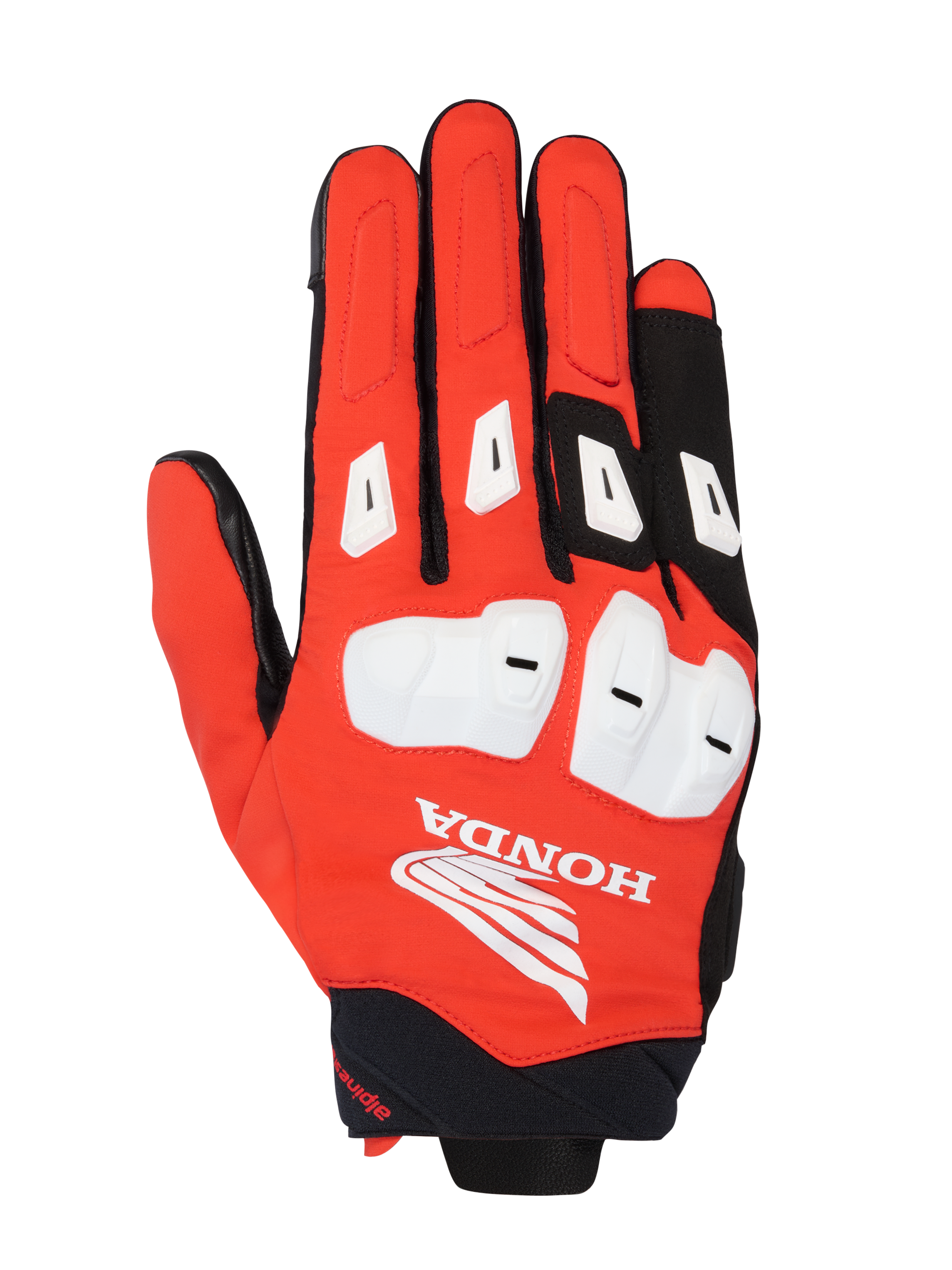 Alpinestars Honda SP X 3 Handschuhe, Motorrad-Sporthandschuhe, Leuchtendes Rot, Schwarz und Weiß, mit weißen TPU-Knöchelprotektoren und Fingerschiebern, großem weißem Honda-Flügel-Logo auf dem Handrücken, atmungsaktives Multi-Material-Design für sommerliche Straßenfahrten
