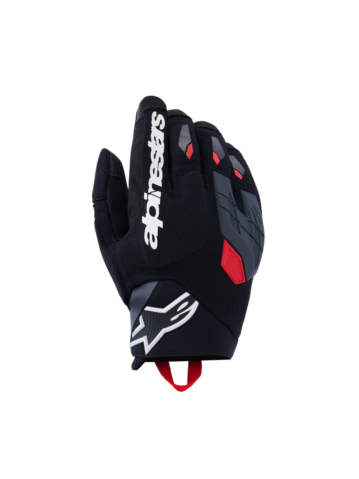 Gants Alpinestars Durack, gants de moto, noir avec accents gris foncé et rouge vif, dos en textile texturé, protections d'articulations grises divisées, grand marquage Alpinestars blanc sur l'index et logo étoile blanc sur le poignet en néoprène