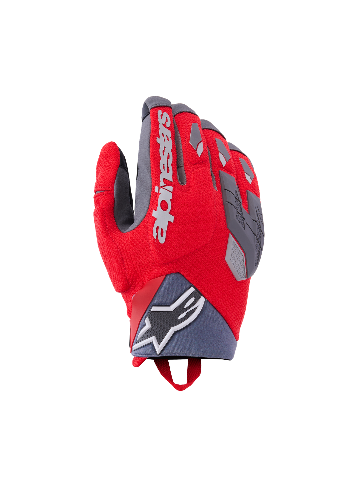 Gants Alpinestars Durack, gants de moto, rouge vif et gris moyen, protection des articulations divisée avec accents en TPR gris, marquage Alpinestars blanc sur le dos de la main, manchette en néoprène avec logo étoile, design aventure haute performance