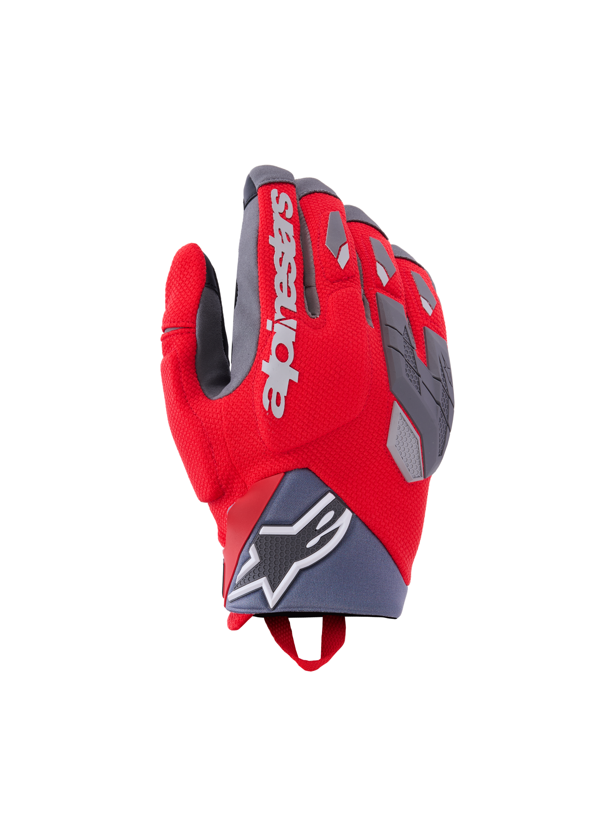Alpinestars Durack, gants de moto tout-terrain, rouges avec accents gris et noirs, logo blanc, zones rembourrées aux articulations, construction textile texturée avec motifs géométriques, boucle au poignet