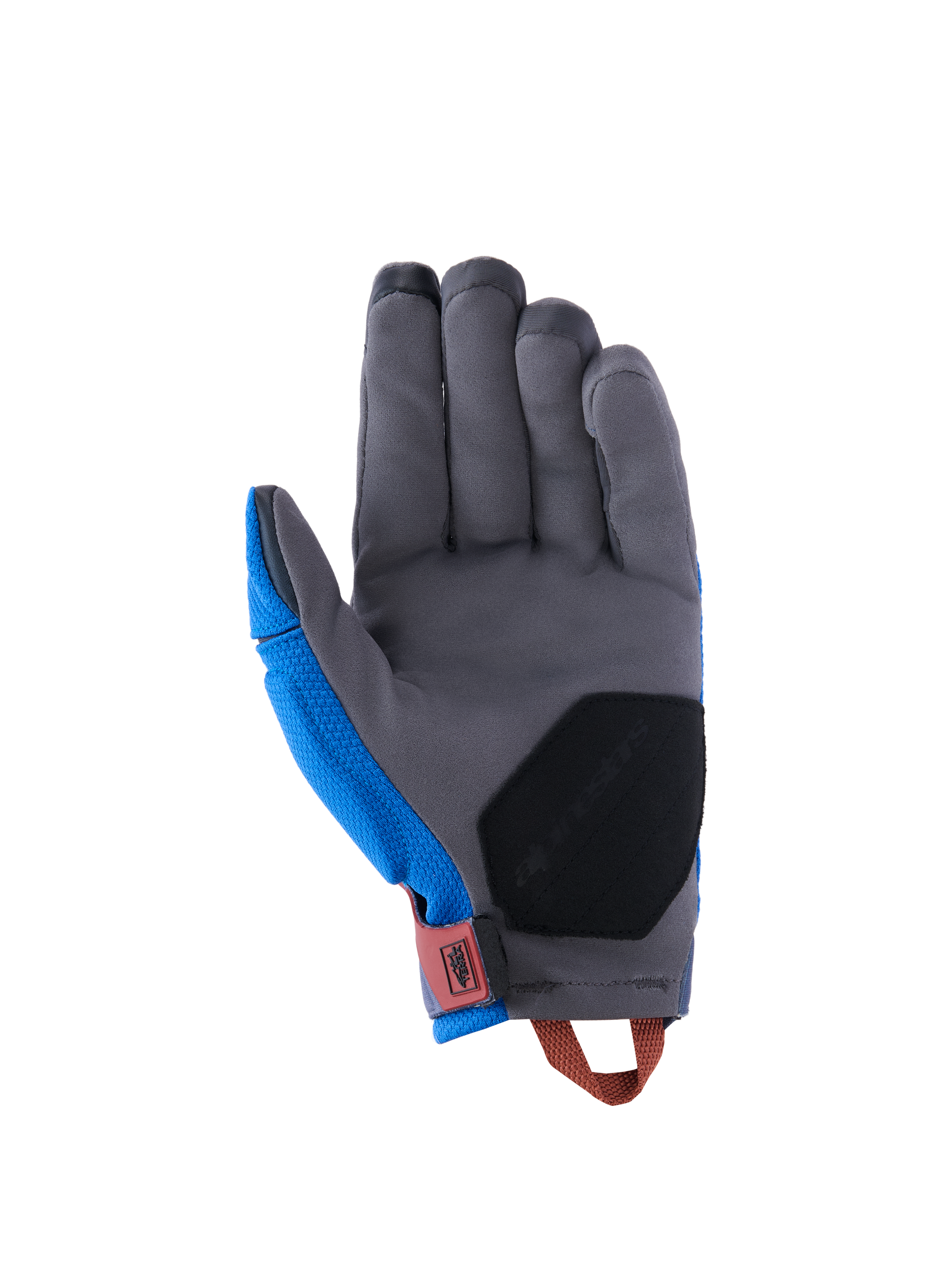 Gants Alpinestars Durack, gants de moto d'aventure, bleu royal et gris foncé, vue de la paume présentant une construction en suède synthétique gris, rembourrage de renfort noir à la base, patte de poignet rouge et boucle de tirage orange.