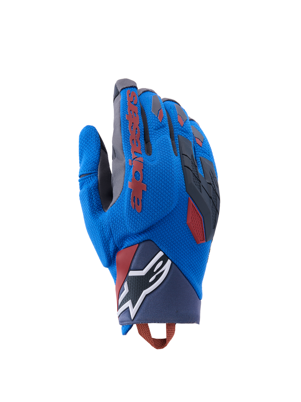 Gants Alpinestars Durack, gants de moto d'aventure, bleu roi et gris foncé, dos en textile avec protection des articulations en TPR, logo Alpinestars rouge sur l'index, logo étoile blanc au poignet, protection légère pour le dual sport en été