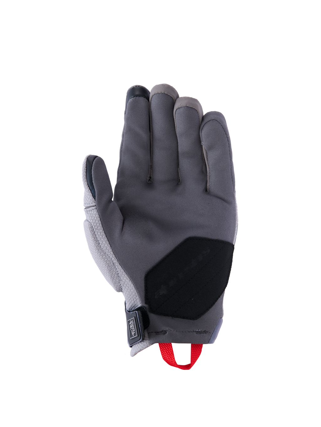 Alpinestars Durack handschoenen, motorhandschoenen, donkergrijs en middengrijs, palmzijde met constructie van synthetisch suède, zwarte verstevigde patch op de handpalm, rode aantreklus en neopreen polssluiting, adventure-rijuitrusting met kort manchet