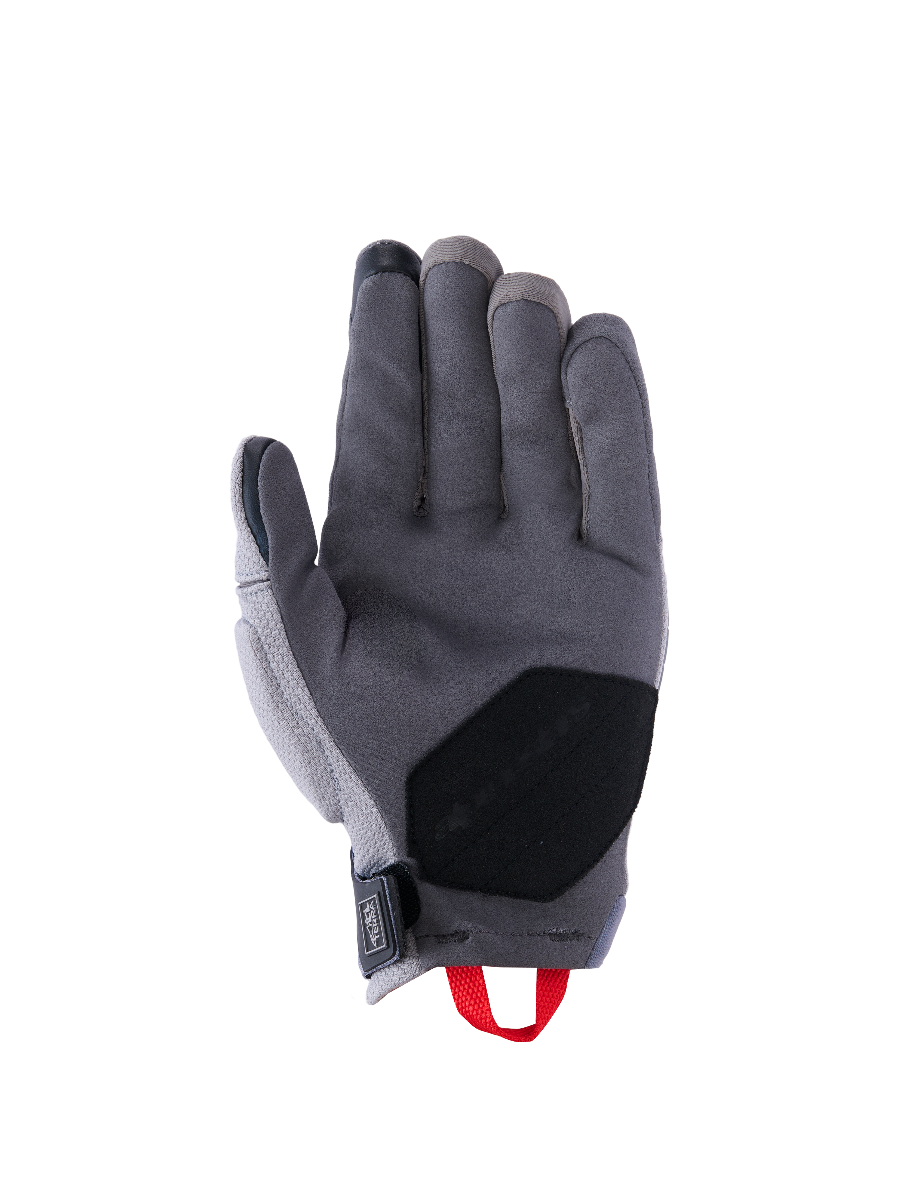 Alpinestars Durack handschoenen, motorhandschoenen, donkergrijs en middengrijs, palmzijde met constructie van synthetisch suède, zwarte verstevigde patch op de handpalm, rode aantreklus en neopreen polssluiting, adventure-rijuitrusting met kort manchet
