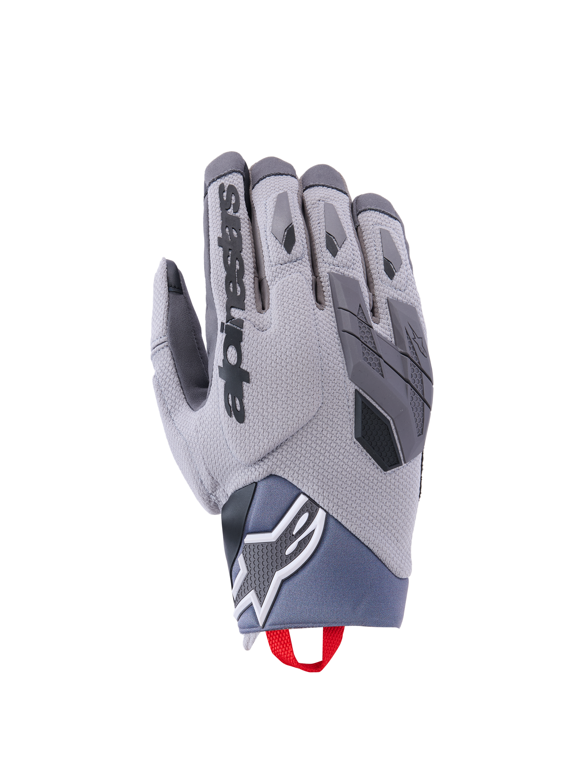 Alpinestars Durack Gloves, gants de moto tout-terrain, gris avec accents noirs, construction textile texturée, logo noir sur l'index, zone de paume renforcée, languette rouge au poignet, design moderne pour protection et adhérence