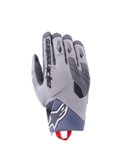 Alpinestars Durack Handschuhe, Motorradhandschuhe, Dunkelgrau und Mittelgrau, texturierte Spandex-Oberhand, TPR-Knöchelschutz, Alpinestars-Logo am Handgelenk, rote Anziehhilfe, moderne Adventure-Fahrausrüstung
