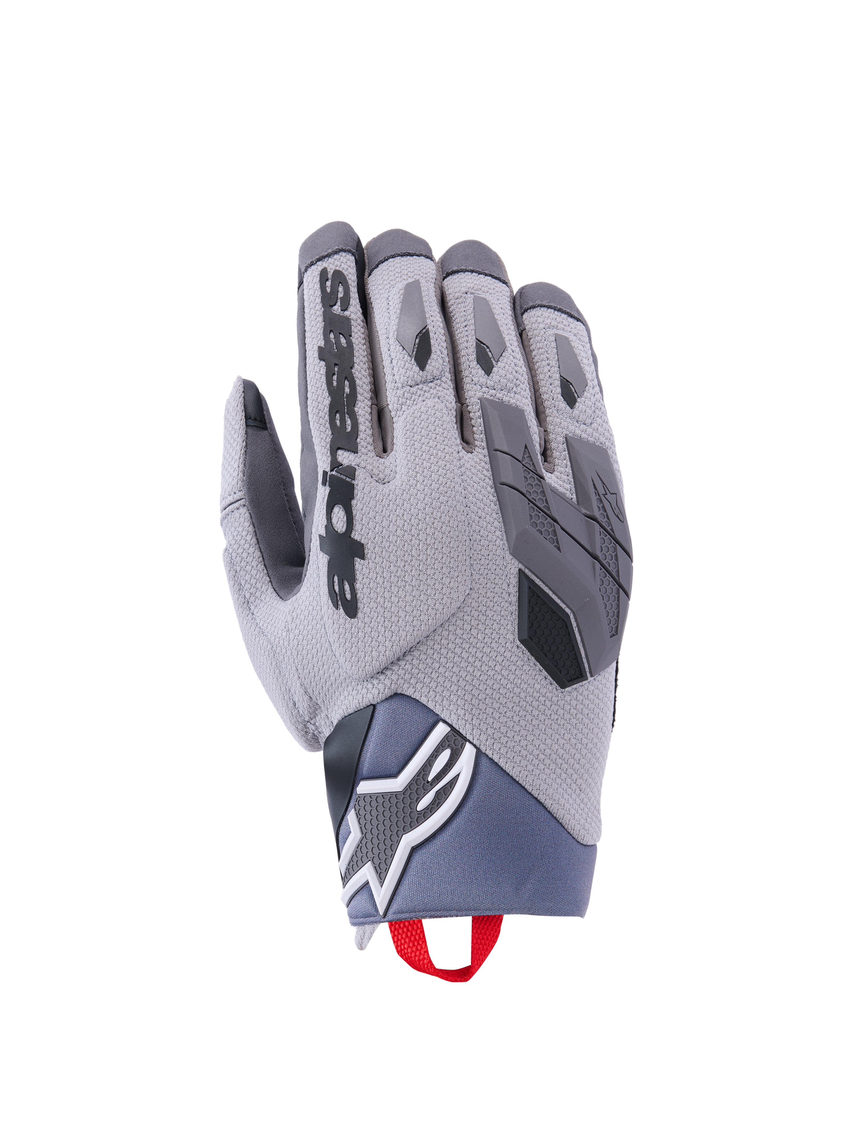 Alpinestars Durack Gloves, gants de moto, gris foncé et gris moyen, dos en spandex texturé, protection des articulations en TPR, logo Alpinestars au poignet, languette rouge, équipement d'aventure moderne