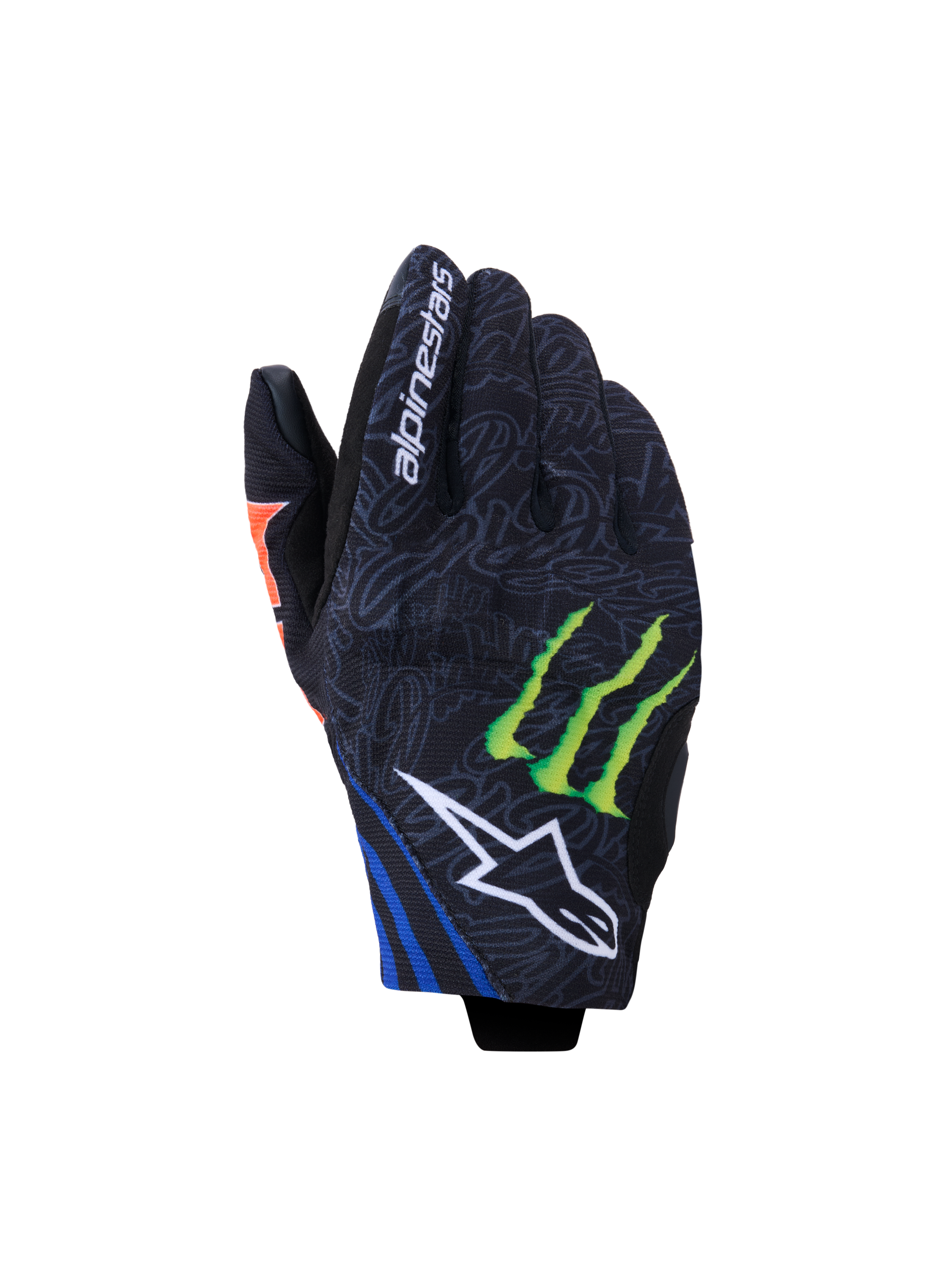 Alpinestars FQ20 Reef V2 Monster handschoenen, motorhandschoenen, zwart met fluo rood, blauwe en groene accenten, voorzien van Monster Energy claw-logo en wit Alpinestars ster-logo, kort manchetontwerp met grijs textiel met patroon