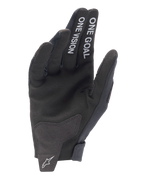 Alpinestars 2025 Radar Gloves, Motocross Gloves, Black, palm view featuring 'ONE GOAL' and 'ONE VISION' white text on the fingers, synthetic suede palm, white star logo on the seamless wrist closure, minimalist off-road design