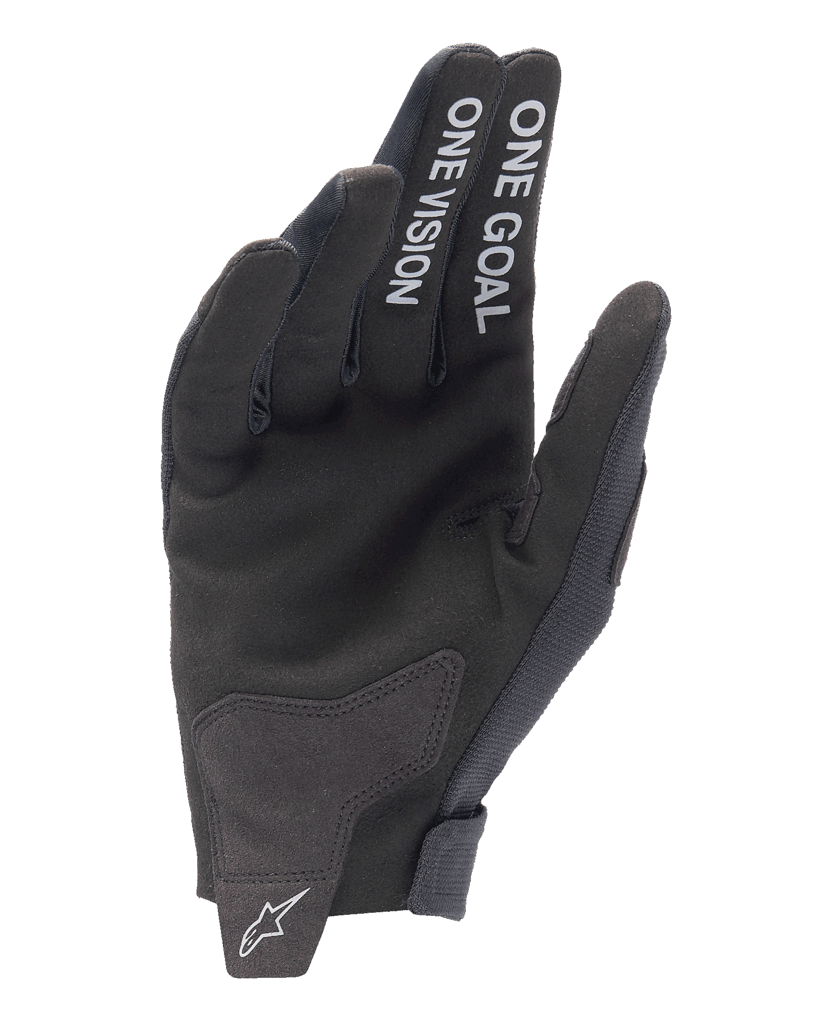 Alpinestars 2025 Radar Gloves, Motocross Gloves, Black, palm view featuring 'ONE GOAL' and 'ONE VISION' white text on the fingers, synthetic suede palm, white star logo on the seamless wrist closure, minimalist off-road design