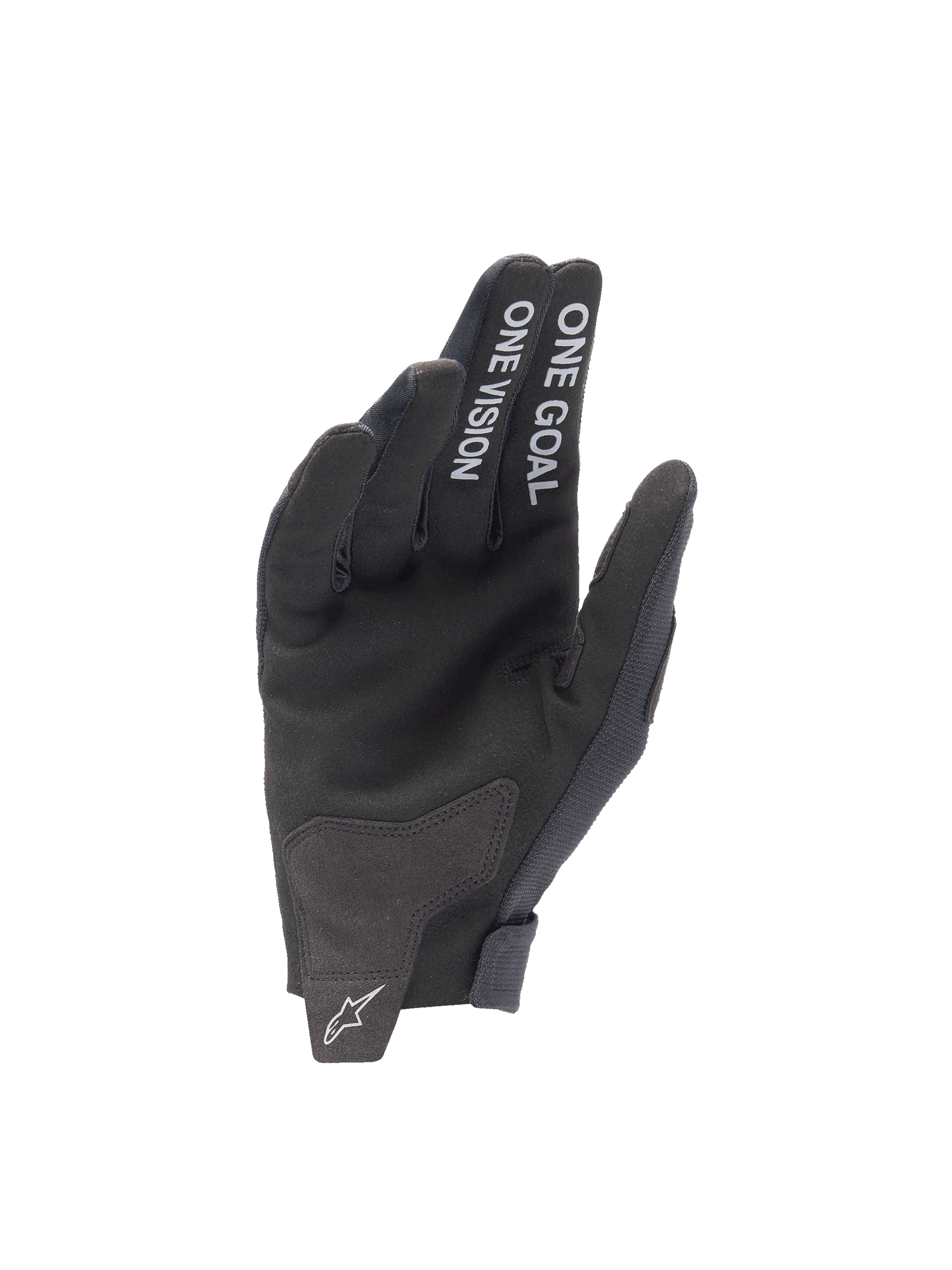 Alpinestars Radar handschoenen 2025, zwarte motocrosshandschoenen met suède handpalm en One Goal One Vision tekst.