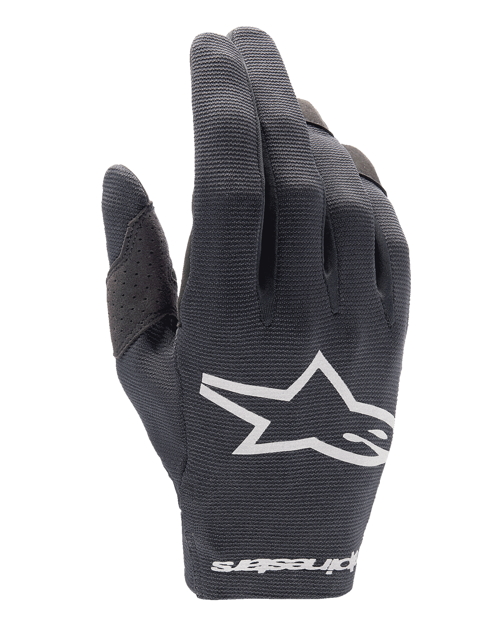 Alpinestars 2025 Radar Gloves, Motocross Gloves, Black, white Alpinestars logo on the backhand and wordmark at the wrist, breathable mesh material with perforated thumb reinforcement, lightweight gear for off-road racing
