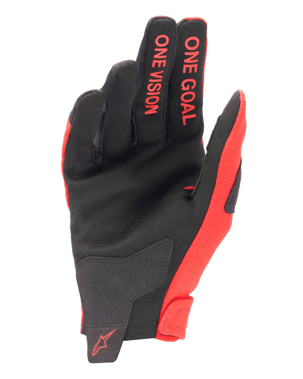 Alpinestars 2025 Radar handschoenen, motorcross handschoenen, Mars rood en zwart, zicht op de handpalmzijde met synthetisch suède, rode 'ONE GOAL' en 'ONE VISION' belettering op de vingers, rood logo op de pols, prestatiegerichte off-road uitrusting