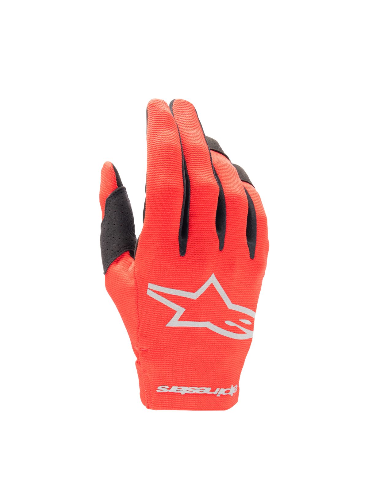 Alpinestars Radar 2025, gants de motocross pour homme, rouges et argentés, textile léger extensible, logo étoile argenté sur le dos de la main