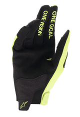 Alpinestars Radar handschoenen 2025, motocrosshandschoenen, geel fluo en zwart, synthetische suède palm met One Goal One Vision tekst.