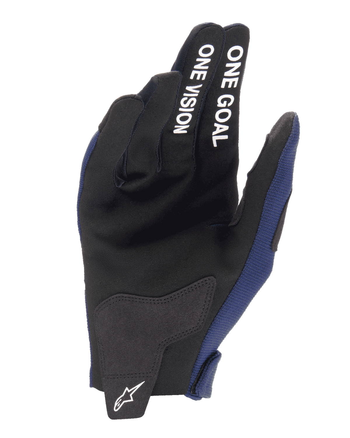 Alpinestars 2025 Radar Gloves, Motocross Gloves, Night Navy and White, palm view featuring synthetic suede reinforcements and 'ONE GOAL ONE VISION' white text on the fingers, white Alpinestars logo on the closure tab