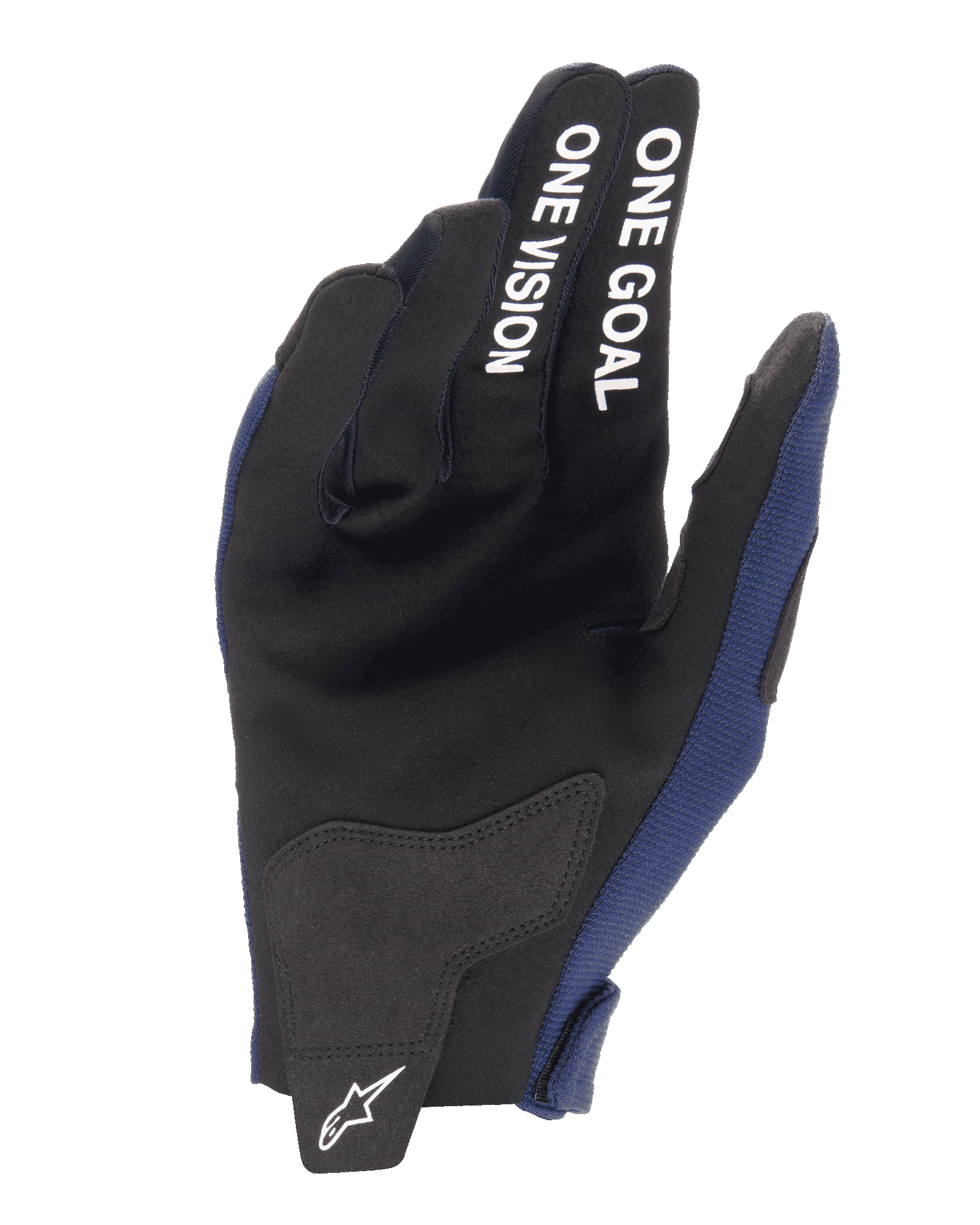 Alpinestars 2025 Radar Gloves, Motocross Gloves, Night Navy and White, palm view featuring synthetic suede reinforcements and 'ONE GOAL ONE VISION' white text on the fingers, white Alpinestars logo on the closure tab
