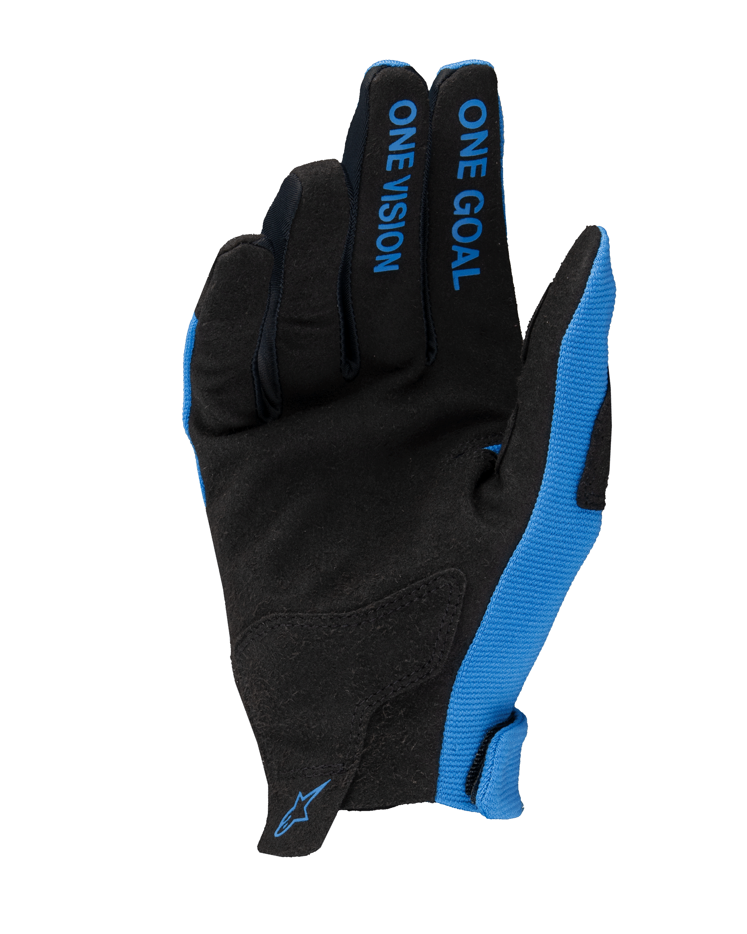Alpinestars 2025 Radar handschoenen, motorcrosshandschoenen, blauw en zwart, zicht op de handpalm met synthetisch suède, 'ONE GOAL ONE VISION' tekst op de vingers, blauwe zijpanelen en klein logo op de pols, lichtgewicht off-road raceontwerp