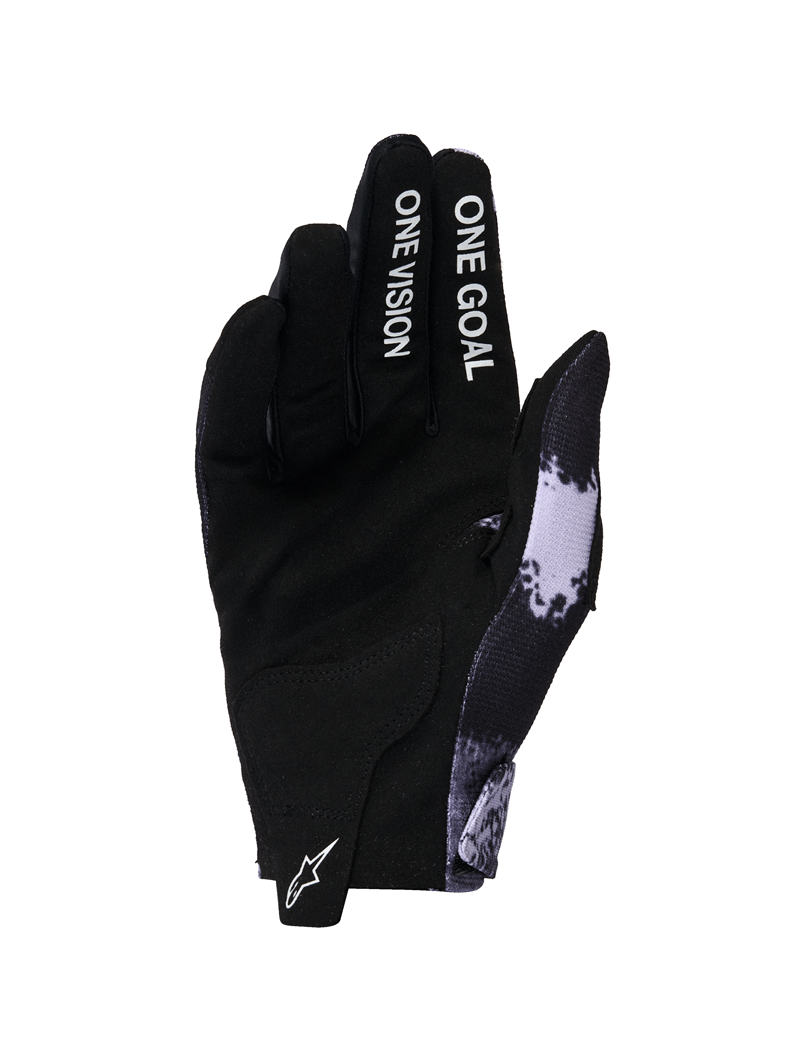 Alpinestars 2026 Radar Gloves, Motocross Gloves, Iron Camo and Black, palm view featuring synthetic suede construction, 'ONE GOAL ONE VISION' text on fingers, white Astars logo on the pull tab, sleek off-road performance design