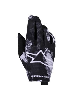 Alpinestars 2026 Radar Gloves, Motocross Gloves, Iron Camo Black and White, featuring a large white star logo, sublimated camouflage pattern, lightweight stretch fabric for off-road racing