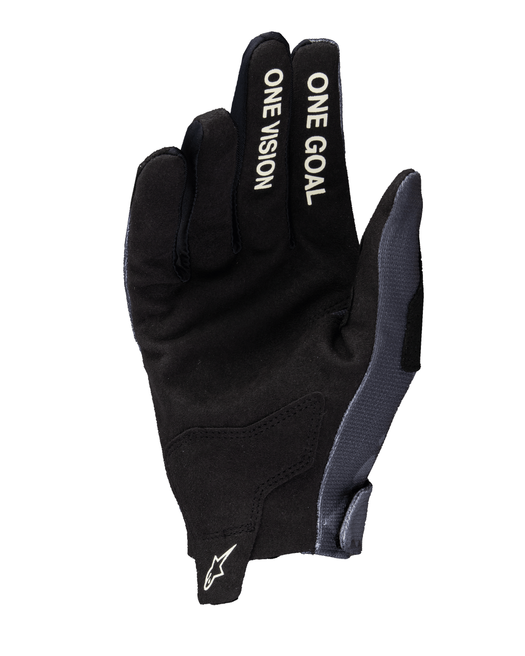 Alpinestars 2025 Radar Handschuhe, Motocross-Handschuhe, Grau und Dark Camo, Handflächenansicht mit synthetischer Wildleder-Konstruktion, weißer „ONE VISION“ und „ONE GOAL“ Text auf den Fingern und weißes Astars-Logo auf der Anziehlasche