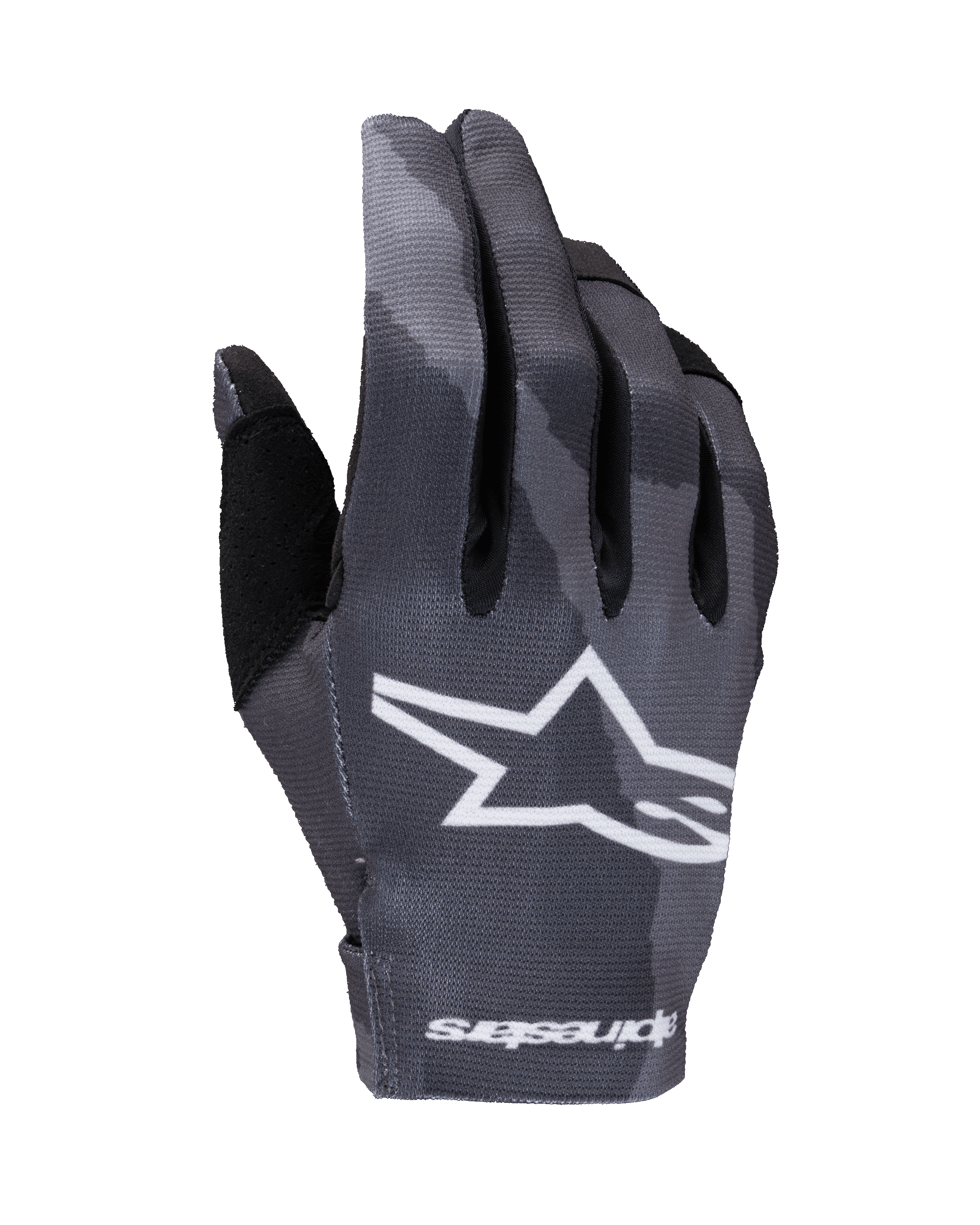 Alpinestars 2025 Radar handschoenen, motorcross handschoenen, Dark Camo patroon in grijstinten, groot wit sterlogo op de rugzijde en Alpinestars-tekst op de manchet, lichtgewicht stretchconstructie voor off-road prestaties