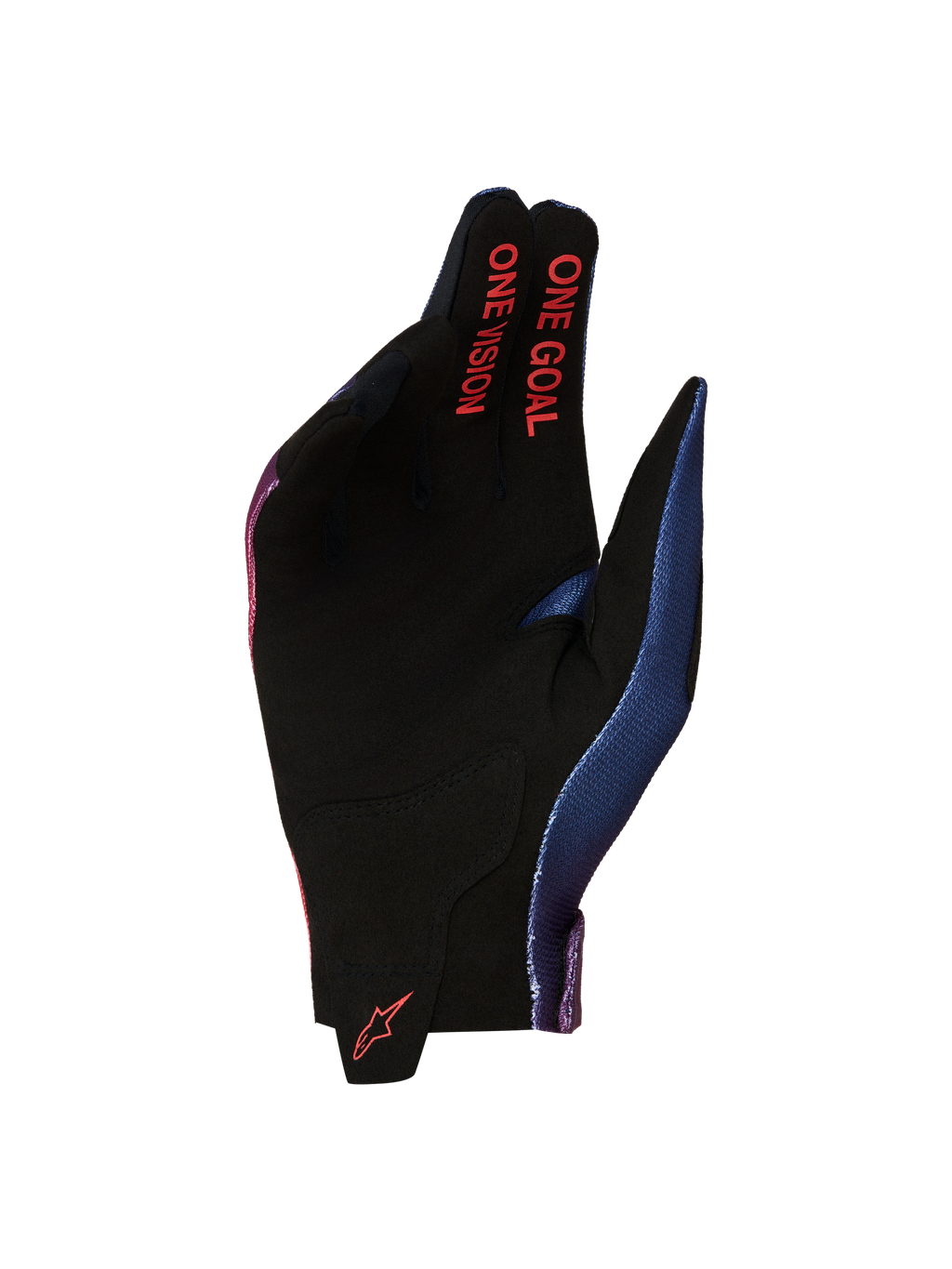 Gants Alpinestars Radar 2027, gants de motocross pour homme, noirs et rouges, paume en suède synthétique avec marquage One Goal One Vision sur les doigts