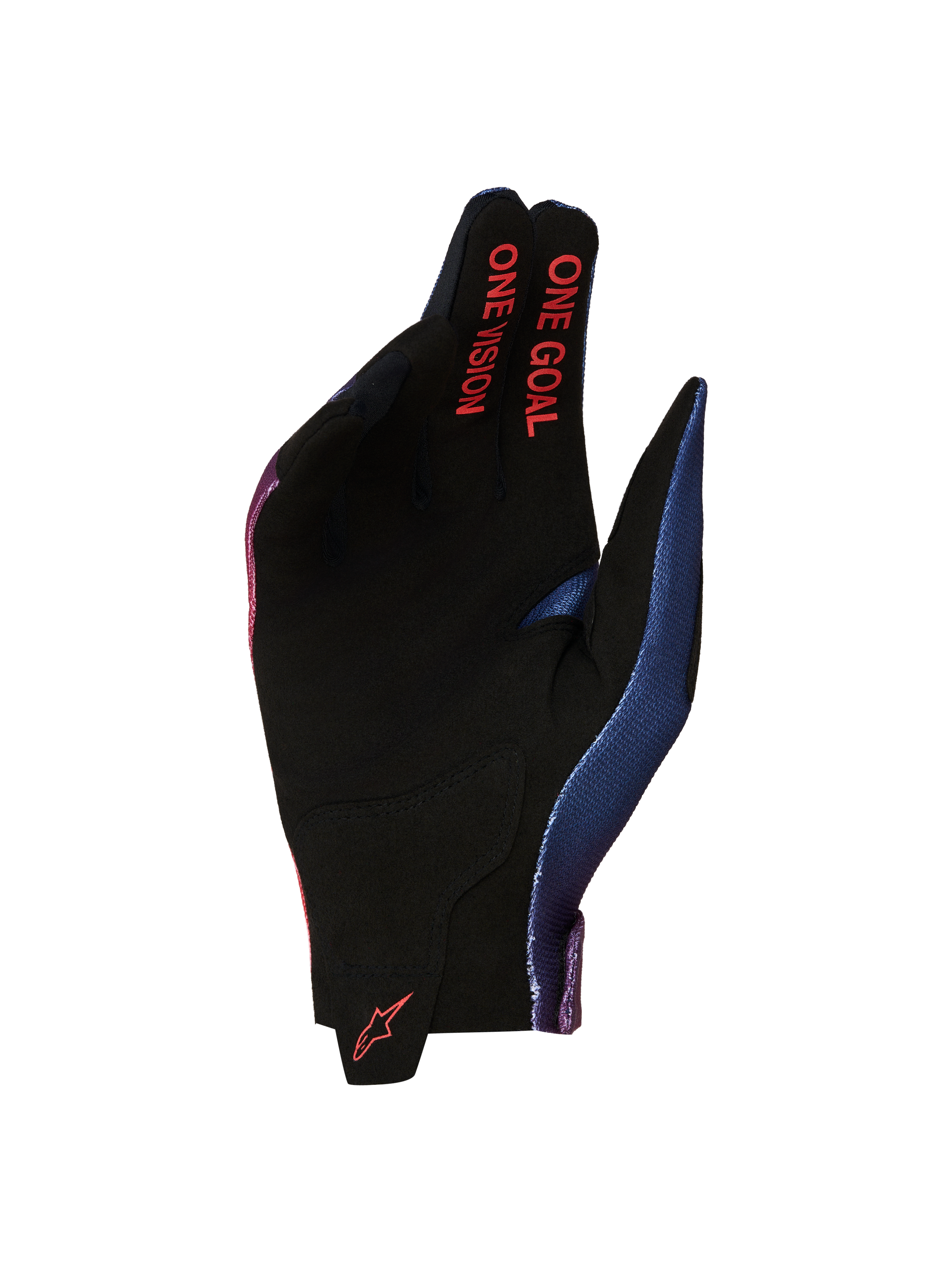 Gants Alpinestars Radar 2027, gants de motocross pour homme, noirs et rouges, paume en suède synthétique avec marquage One Goal One Vision sur les doigts