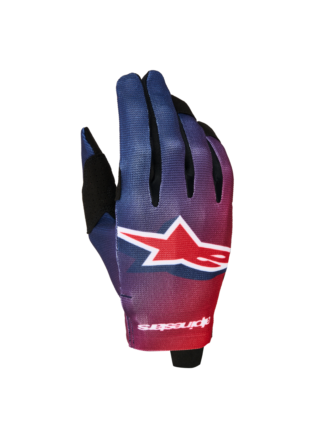 Alpinestars Radar 2027, gants de moto pour homme, dégradé de rouge et bleu avec grand logo étoile blanc, construction légère en suède synthétique pour le motocross.