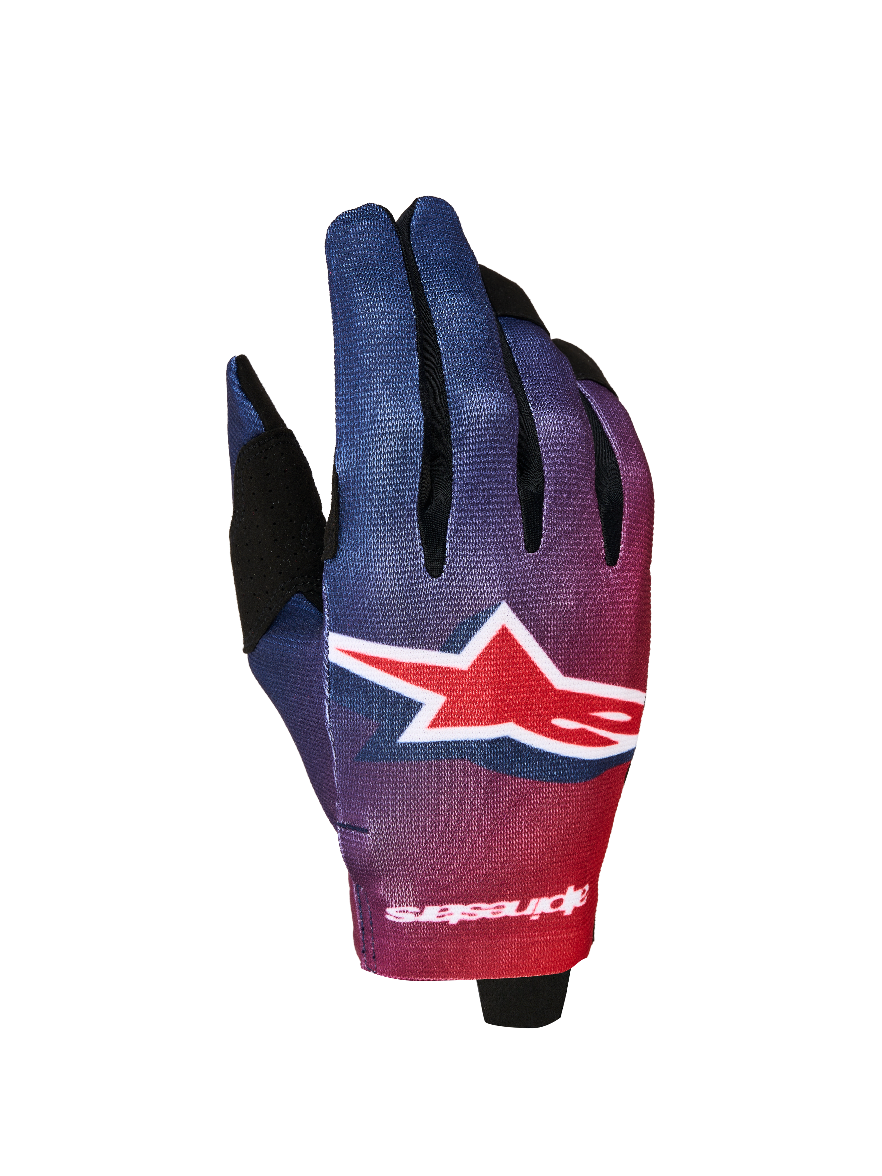 Alpinestars Radar 2027, gants de moto pour homme, dégradé de rouge et bleu avec grand logo étoile blanc, construction légère en suède synthétique pour le motocross.