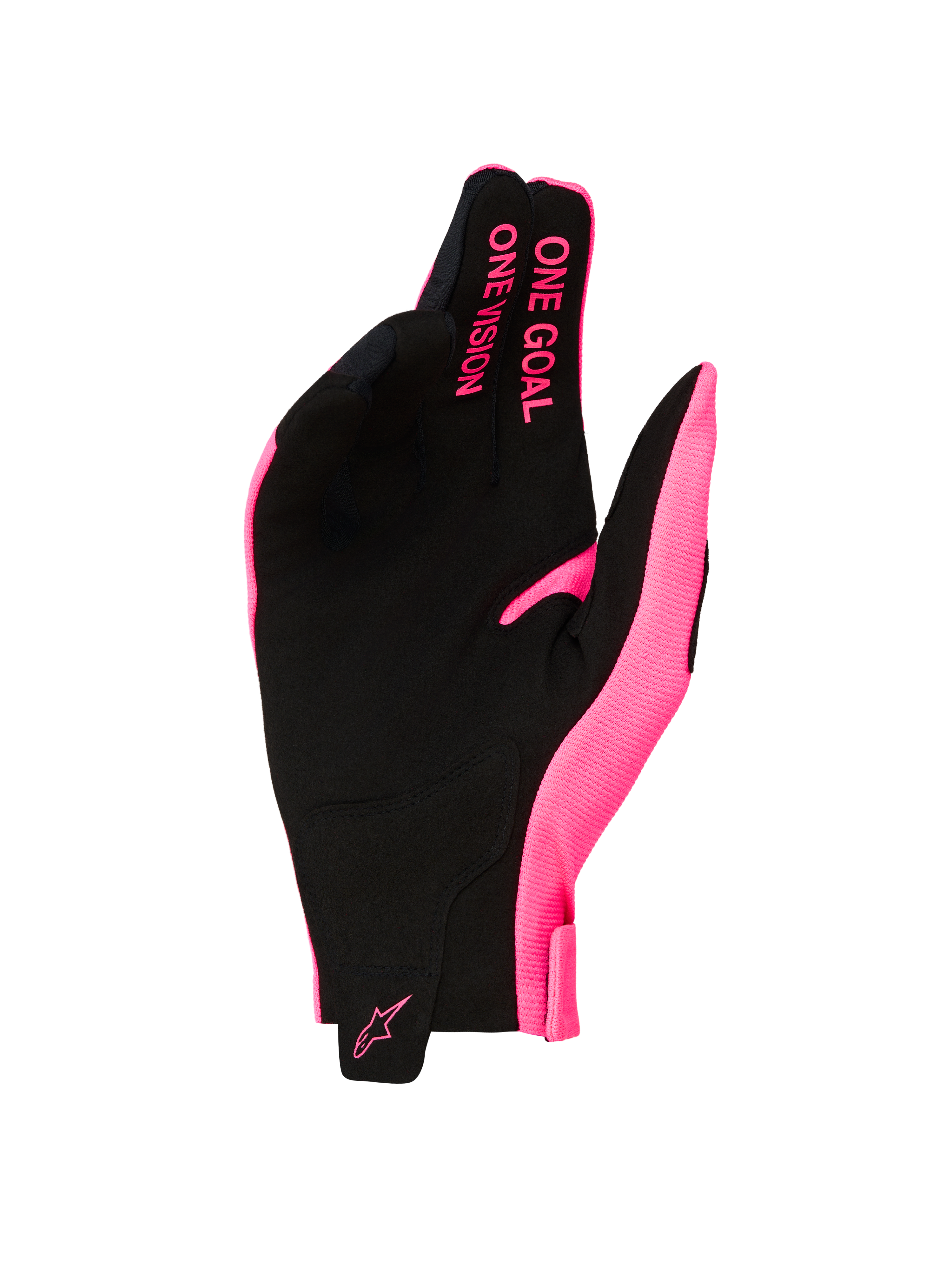 Alpinestars Radar 2027, gants de motocross homme, rose fluo et noirs, paume en suède synthétique, slogan ONE GOAL ONE VISION