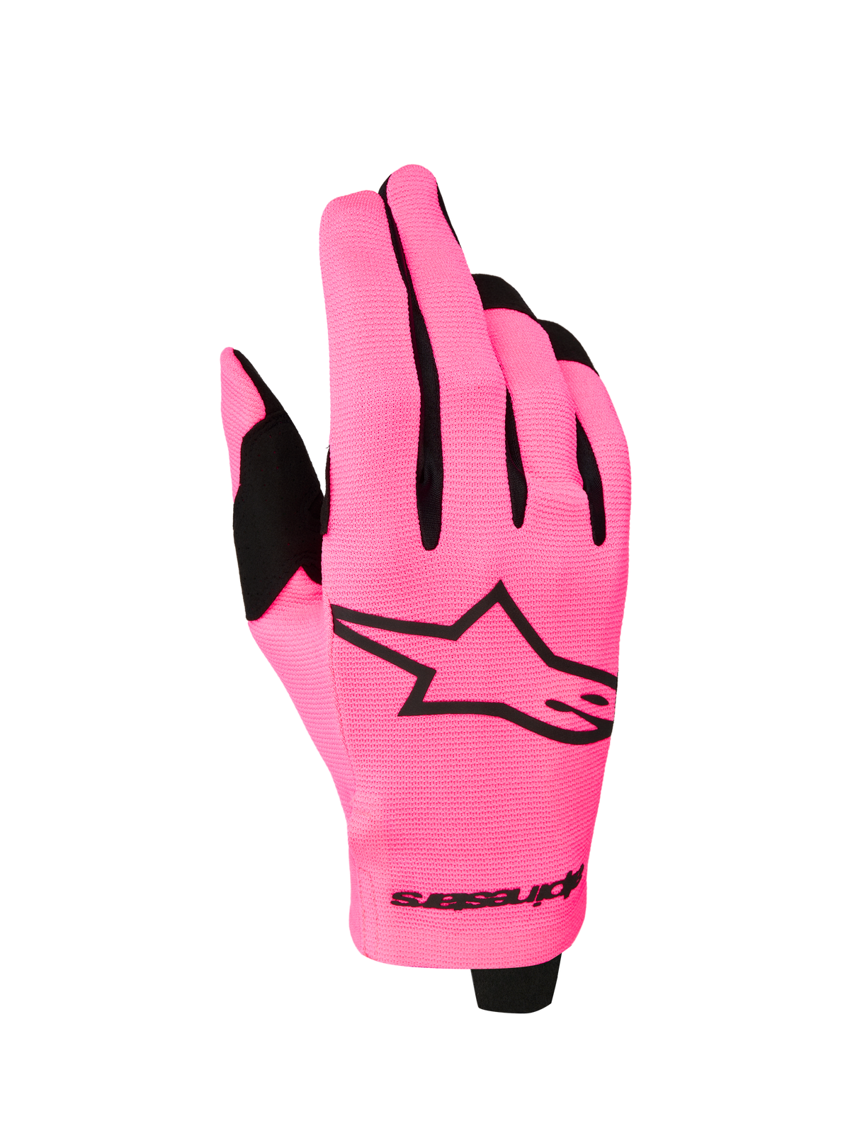 Alpinestars gants Radar 2027, gants de motocross pour homme, rose fluo et noirs, dos en textile extensible.