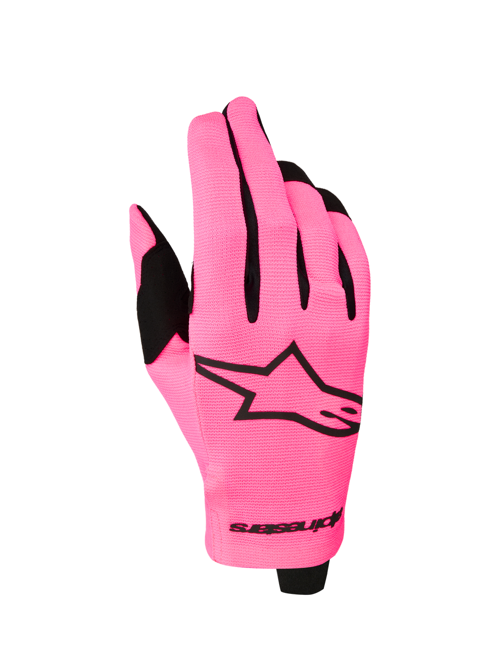 Alpinestars gants Radar 2027, gants de motocross pour homme, rose fluo et noirs, dos en textile extensible.