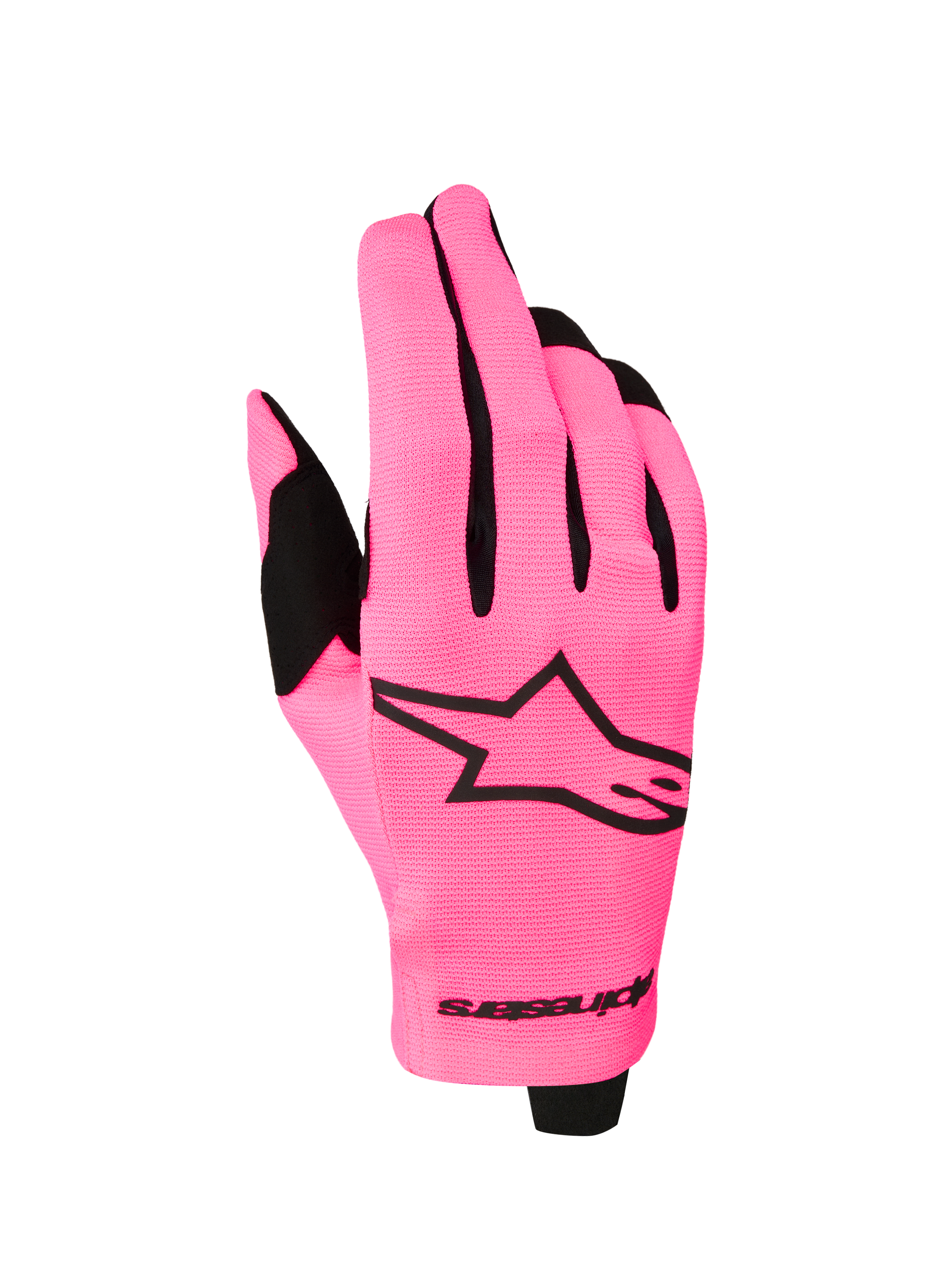 Alpinestars gants Radar 2027, gants de motocross pour homme, rose fluo et noirs, dos en textile extensible.