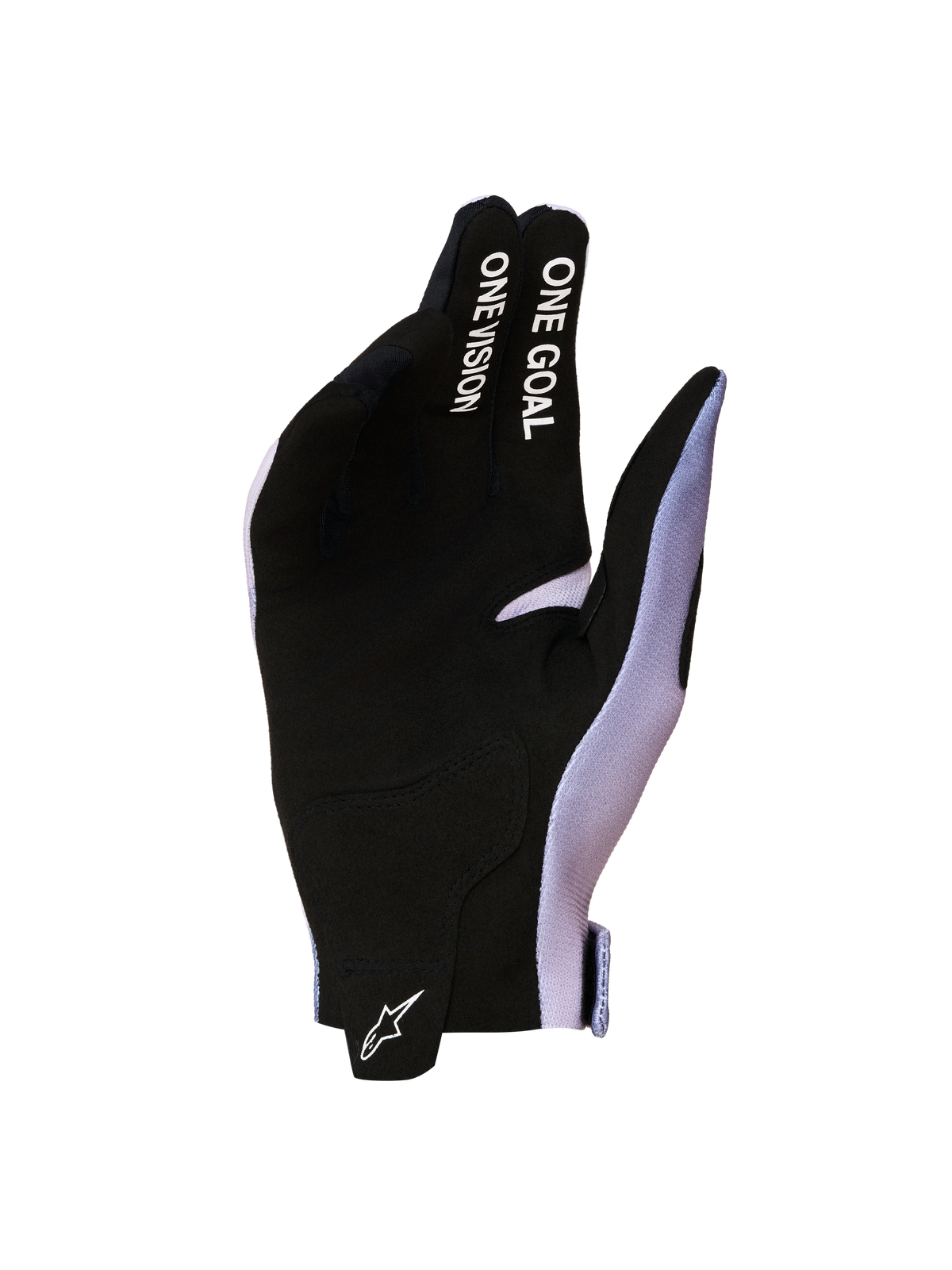 Alpinestars Radar handschoenen 2027, motocross, heren, zwart en paars, suède palm met "One Goal One Vision" tekst.