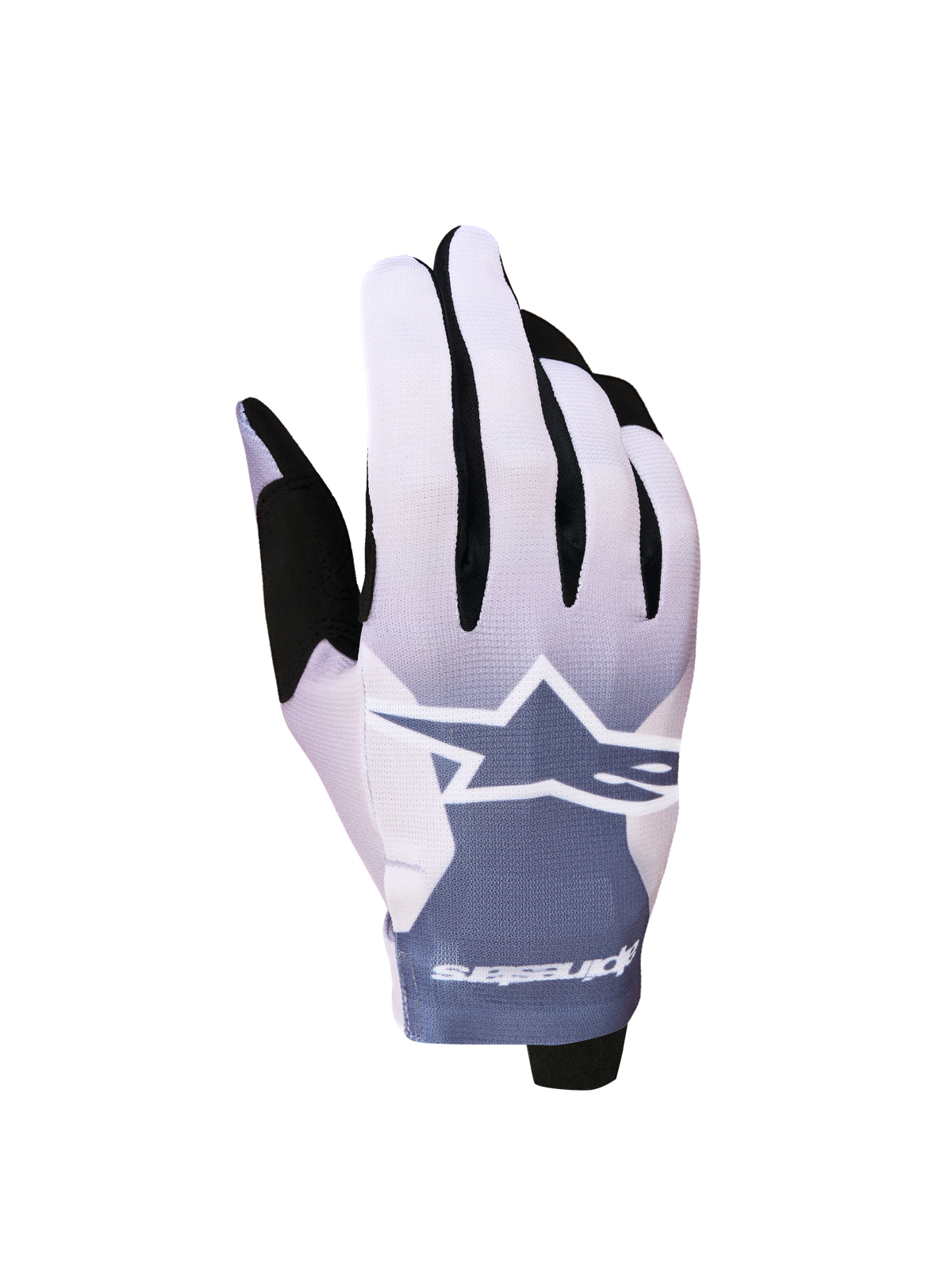 Alpinestars gants Radar 2027, gants de motocross légers, gris cendré et lilas clair avec logo étoile blanc.