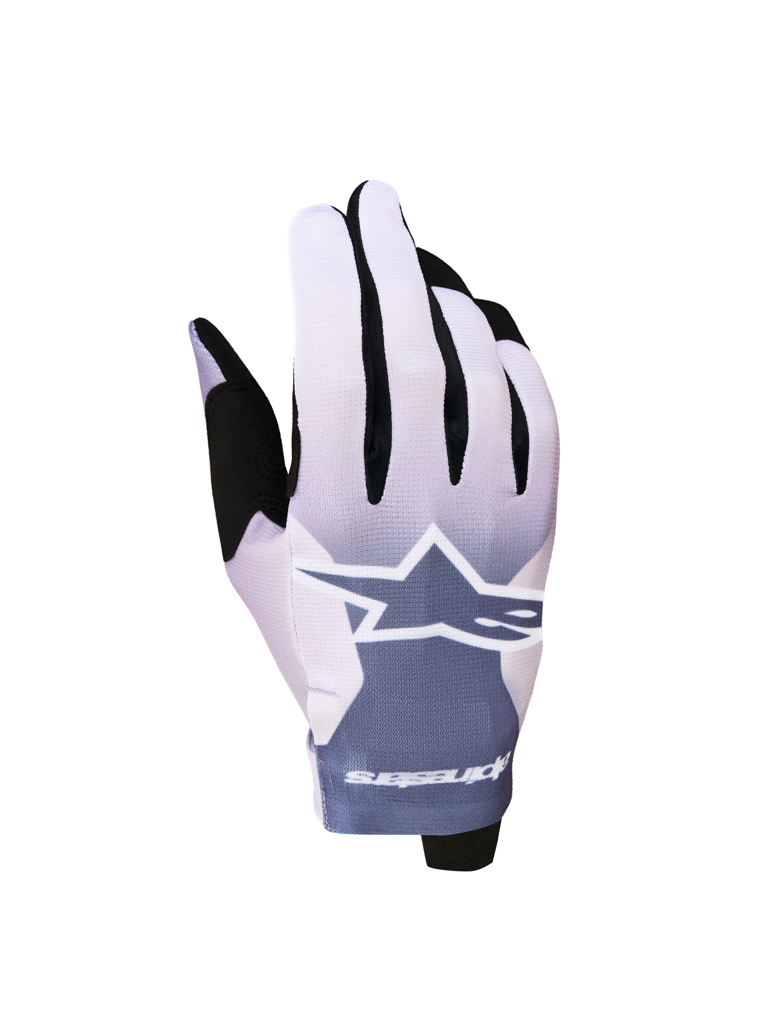 Alpinestars Radar handschoenen 2027, lichtgewicht motorcrosshandschoenen in asgrijs en lichtpaars met een wit sterlogo.