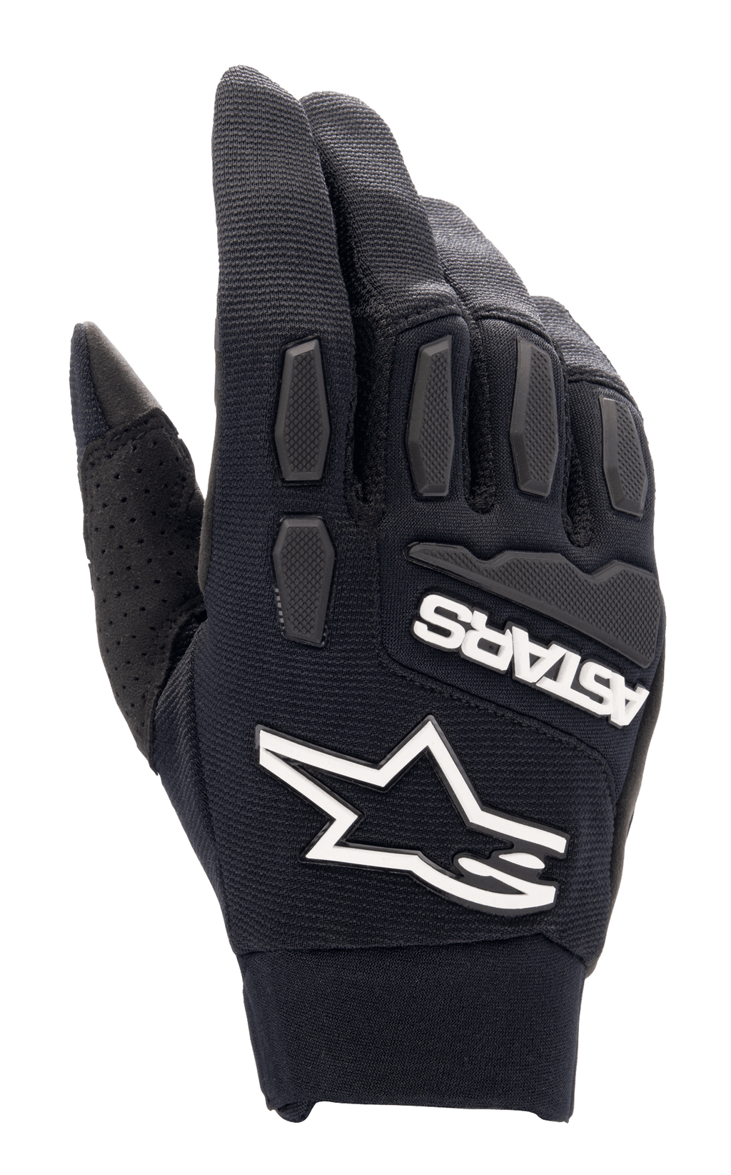 Alpinestars Full Bore XT handschoenen, zwarte motorcross handschoenen, voorzien van een opvallend wit Alpinestars sterlogo en ASTARS-branding, getextureerde TPR knokkel- en vingerbescherming, ademende stretchstof met geperforeerd duimdetail, ontworpen voor enduro en off-road rijden.