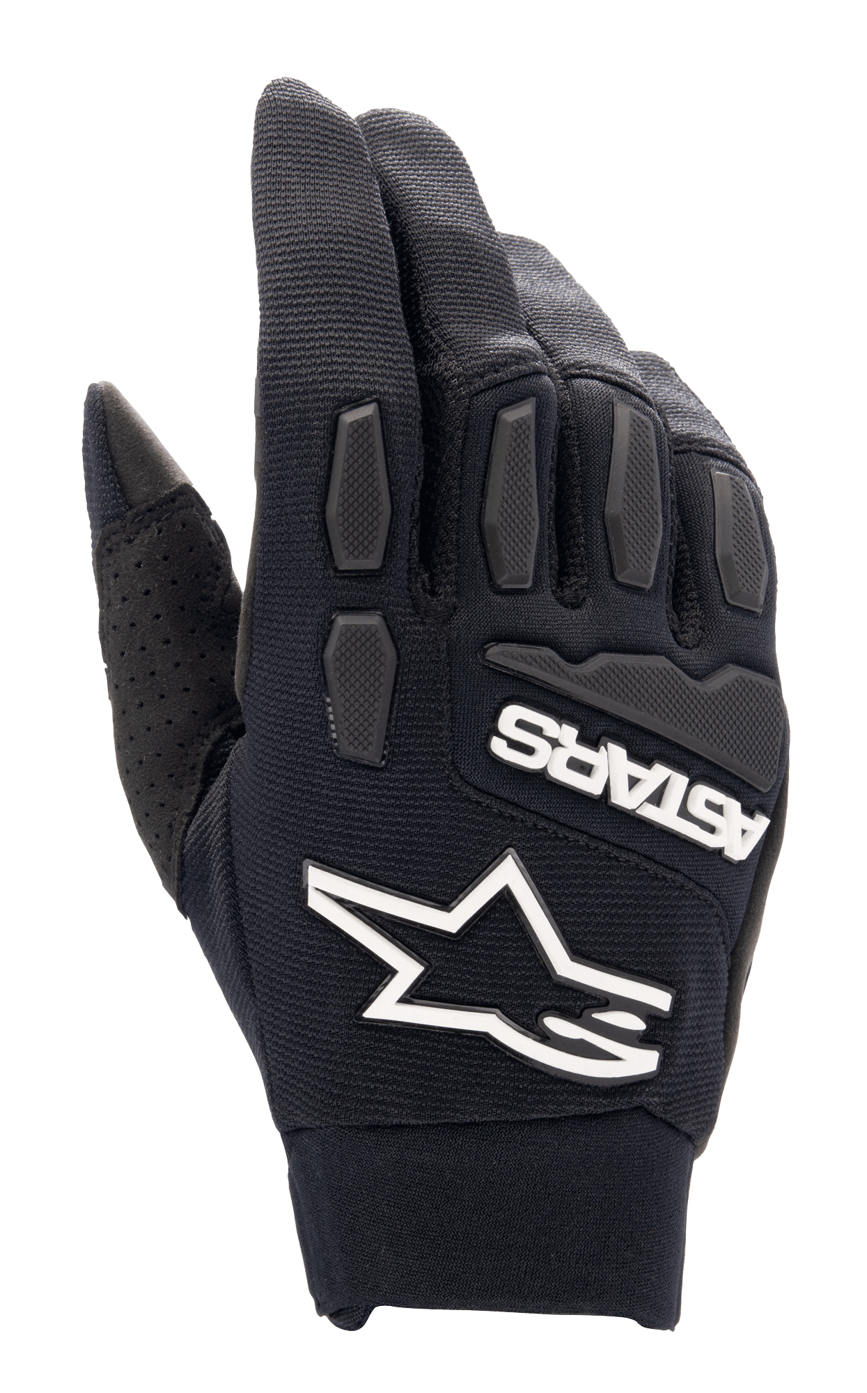 Alpinestars Full Bore XT handschoenen, zwarte motorcross handschoenen, voorzien van een opvallend wit Alpinestars sterlogo en ASTARS-branding, getextureerde TPR knokkel- en vingerbescherming, ademende stretchstof met geperforeerd duimdetail, ontworpen voor enduro en off-road rijden.