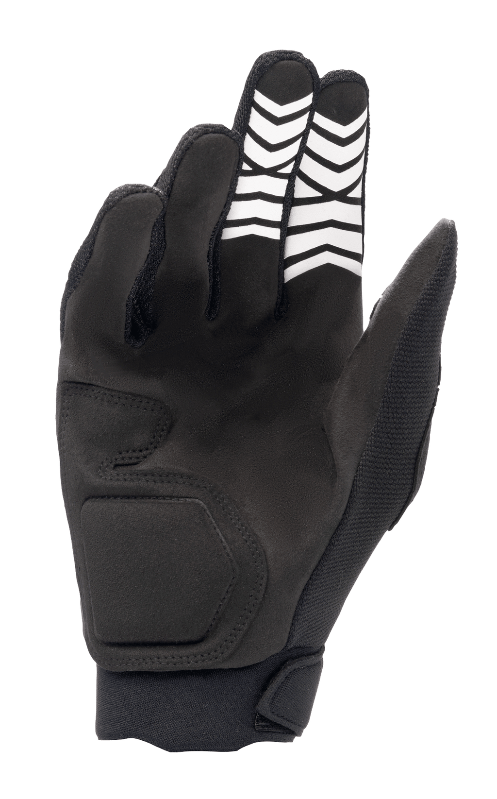 Alpinestars Full Bore XT handschoenen, zwart, handpalmzijde met synthetisch suède constructie, witte chevron-grippatronen op de vingers en een ergonomische polssluiting, ontworpen voor Enduro en off-road rijden.