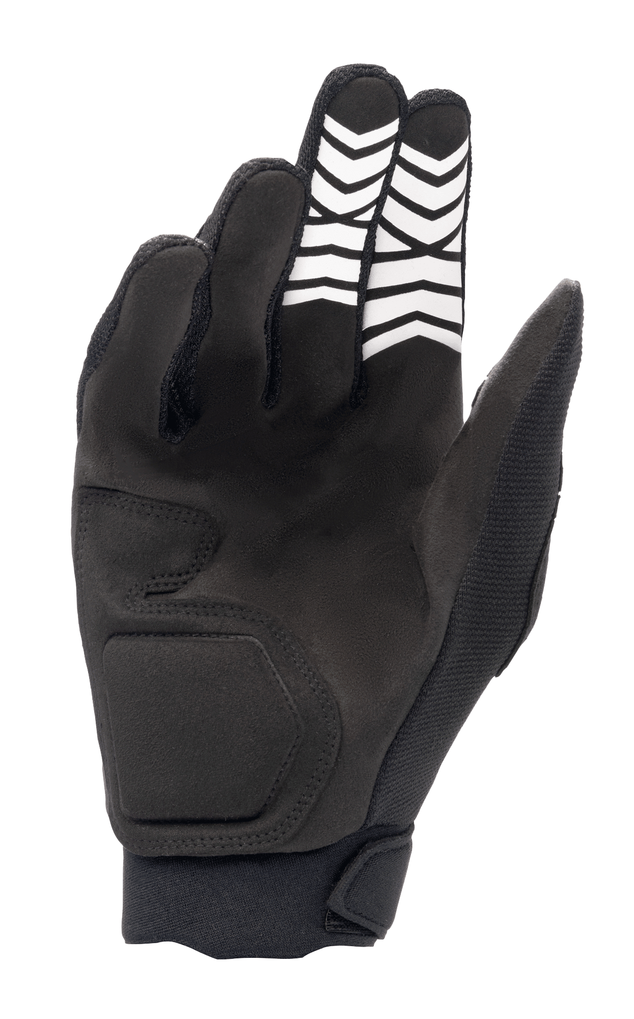 Alpinestars Full Bore XT handschoenen, zwart, handpalmzijde met synthetisch suède constructie, witte chevron-grippatronen op de vingers en een ergonomische polssluiting, ontworpen voor Enduro en off-road rijden.
