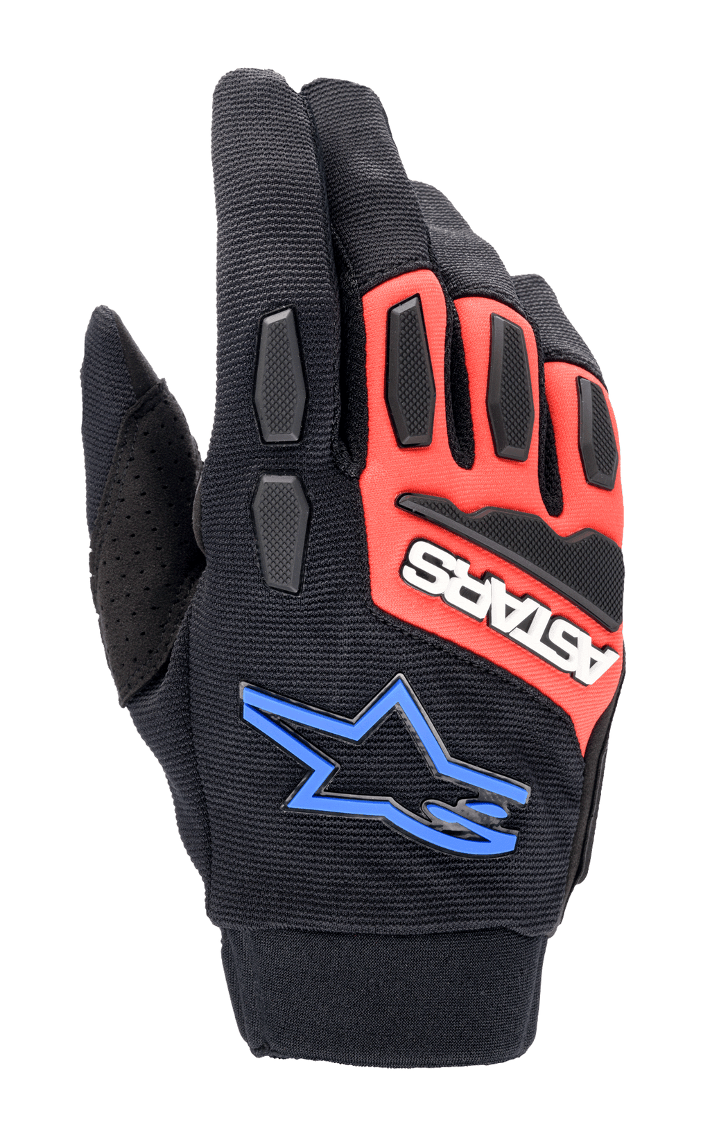 Alpinestars Full Bore XT handschoenen, off-road motorhandschoenen, zwart, felrood en blauw, voorzien van TPR knokkel- en vingerbescherming, ademende stretchstof, wit ASTARS-logo op rood paneel en blauw sterlogo